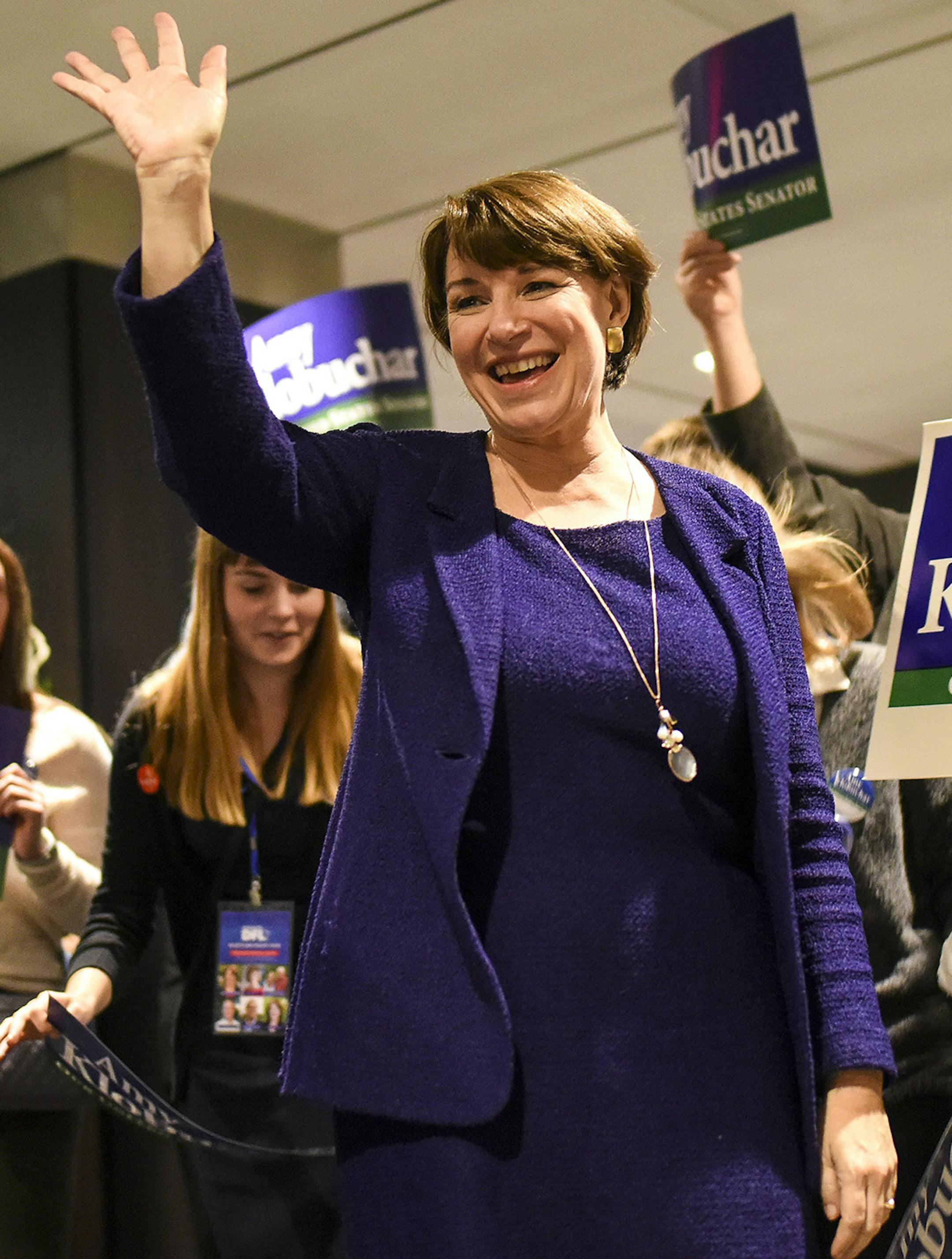 Sen. Amy Klobuchar arrives at the Intercontinental Hotel in St. Paul, Minn., at DFL headquarters election party on Tuesday, Nov. 6, 2018. (Aaron Lavinsky/Minneapolis Star Tribune/TNS)