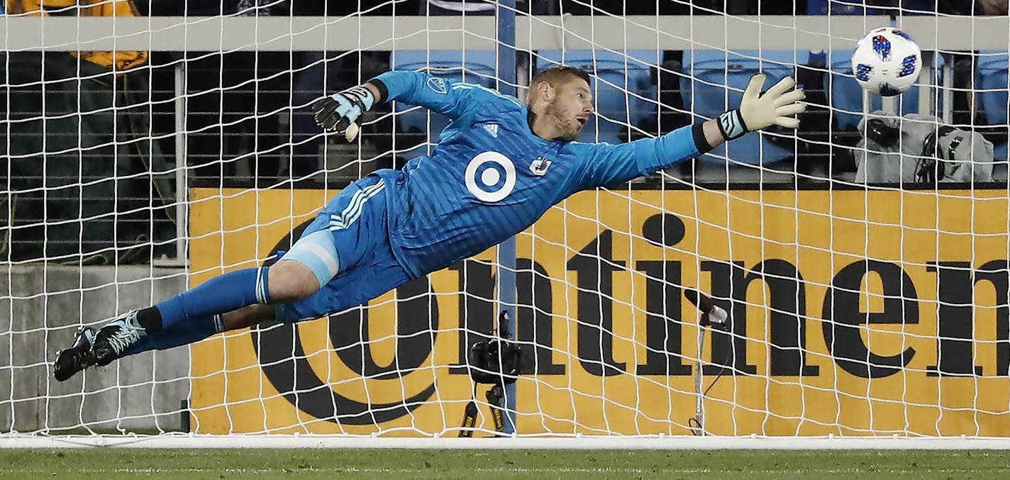 Minnesota United goalkeeper Matthew Lampson (28) can't make the stop on a goal by the San Jose Earthquakes during the first half of an MLS soccer match in San Jose, Calif., Saturday, Mar 3, 2018.