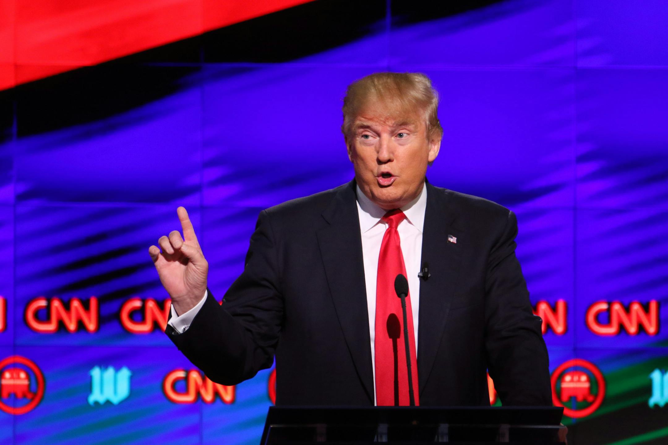 Donald Trump during the Republican presidential debate at the University of Miami in Coral Gables, Fla., March 10, 2016. Trump and opponent Hillary Clinton are taking vastly different approaches to what is expected to be one of the most widely watched presidential debates since Carter vs. Reagan in 1980.