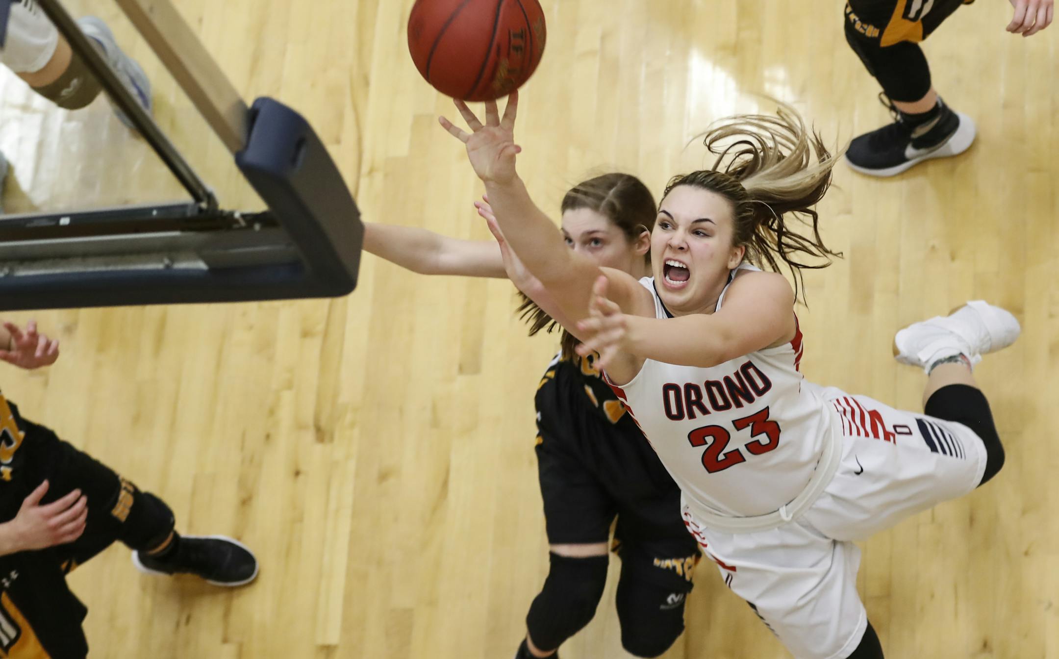 Orono's Tori Andrew made a two point shot to tie the game during the second half on Thursday, March 9, 2017, at Chanhassen High School in Chanhassen, Minn. ] RENEE JONES SCHNEIDER • renee.jones@startribune.com Section final for class 3A Hutchinson vs. Orono