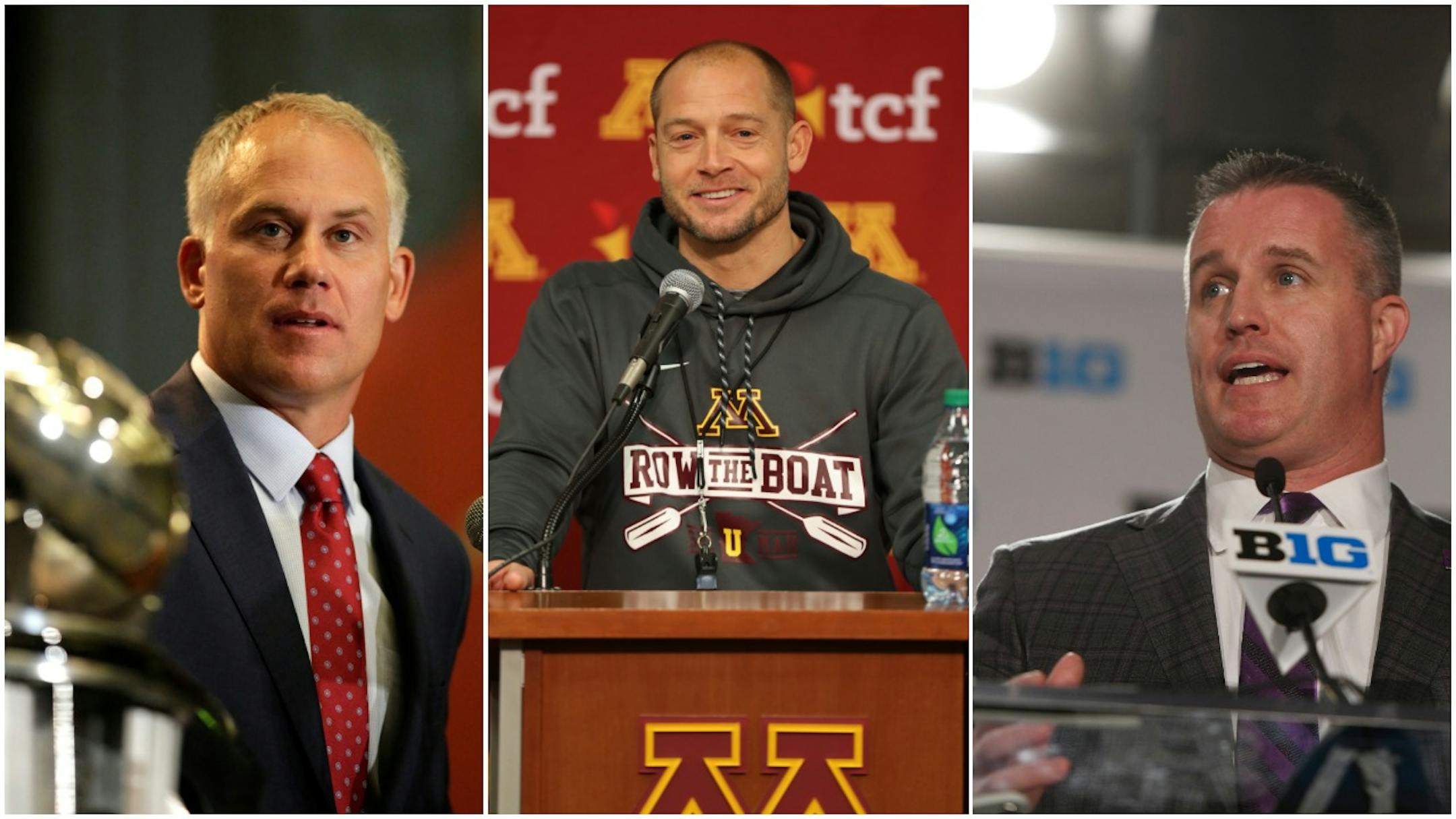 (Left to right) Maryland coach DJ Durkin, Gophers coach P.J. Fleck and Northwestern coach Pat Fitzgerald