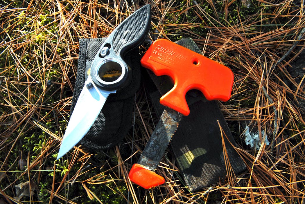 A knife is a must-have for field dressing. The small saw helps cut open an animal’s chest cavity and its pelvic “H’’ bone, providing for a more thorough cleaning.