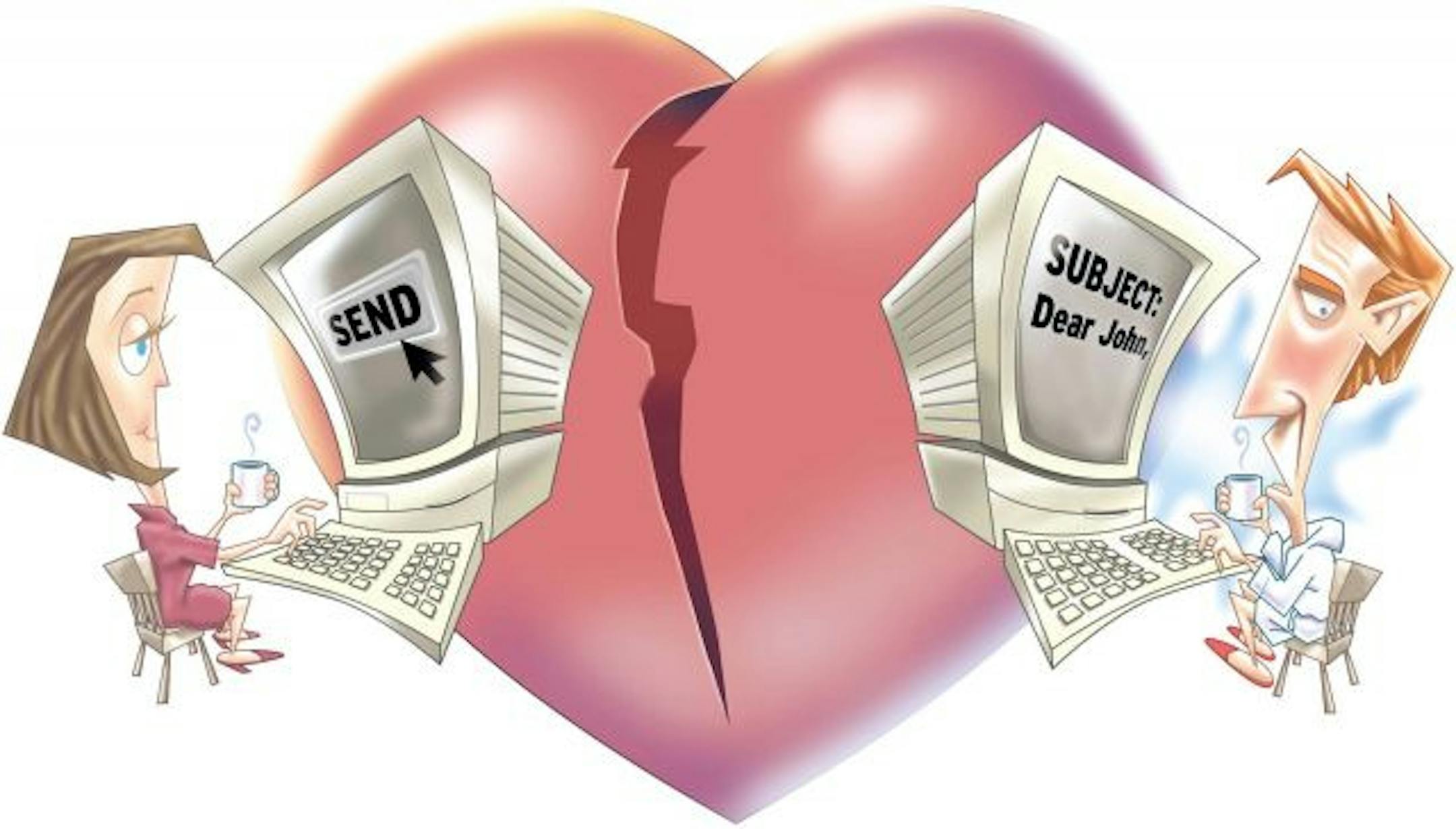 300 dpi 5 col x 5.5 in / 246x140 mm / 837x475 pixels John T. Valles and Tim Bedison color illustration of an email breakup with broken heart in background. Fort Worth Star-Telegram 2003 <p> KEYWORDS: email breakup online dating love broken heart computer love valentines day illustration enlinea amor dia de san valentin desmoronamiento cita traspado de dolor computadora ilustracion grabado contributed ft valles bedison 2003