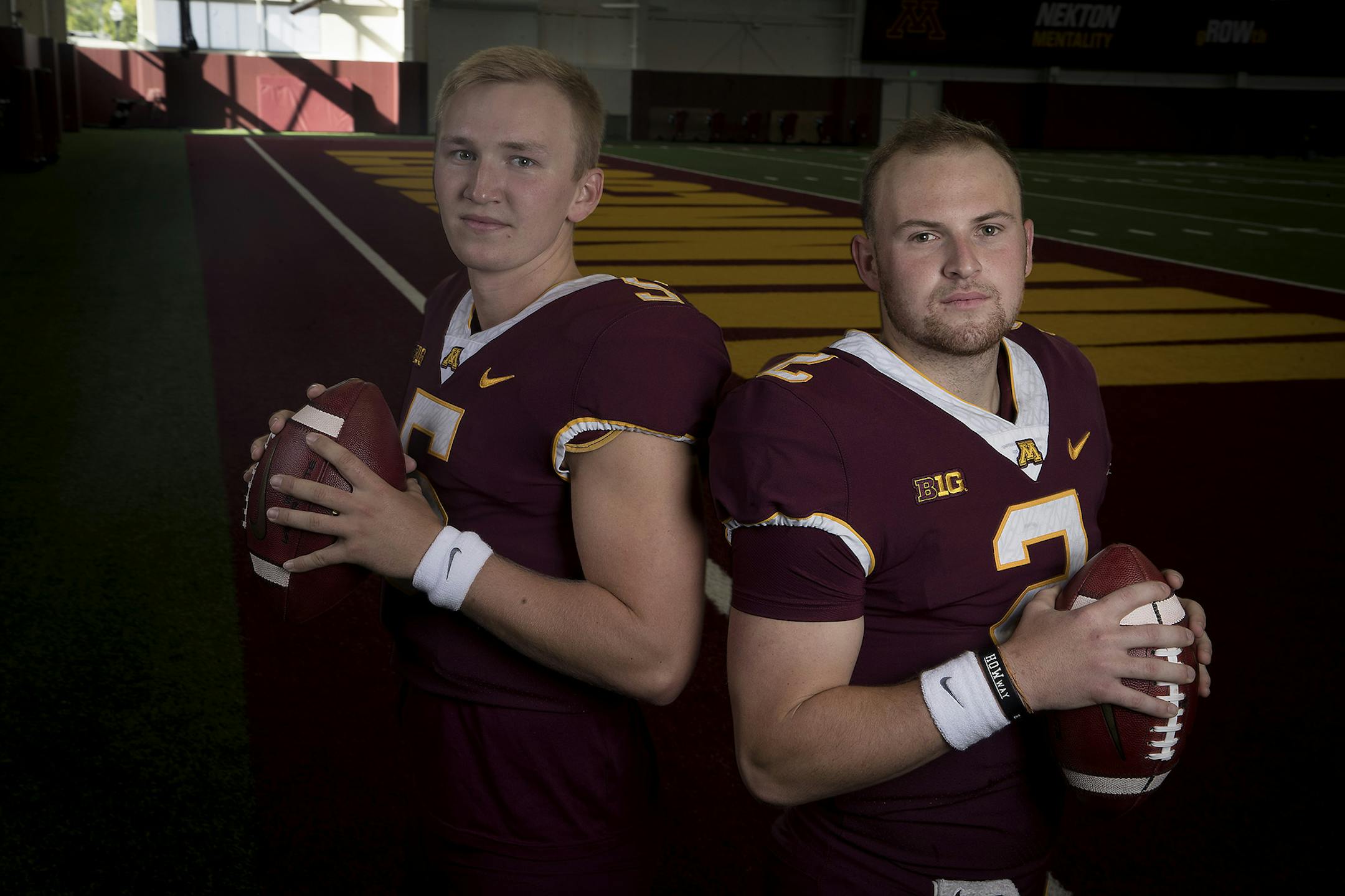 Minnesota Gophers quarterbacks Zack Annexstad, left, and Tanner Morgan, photographed Tuesday, July 31, 2018 at the Athletes Village at the University of Minnesota in Minneapolis, MN. ] ELIZABETH FLORES &#xef; liz.flores@startribune.com