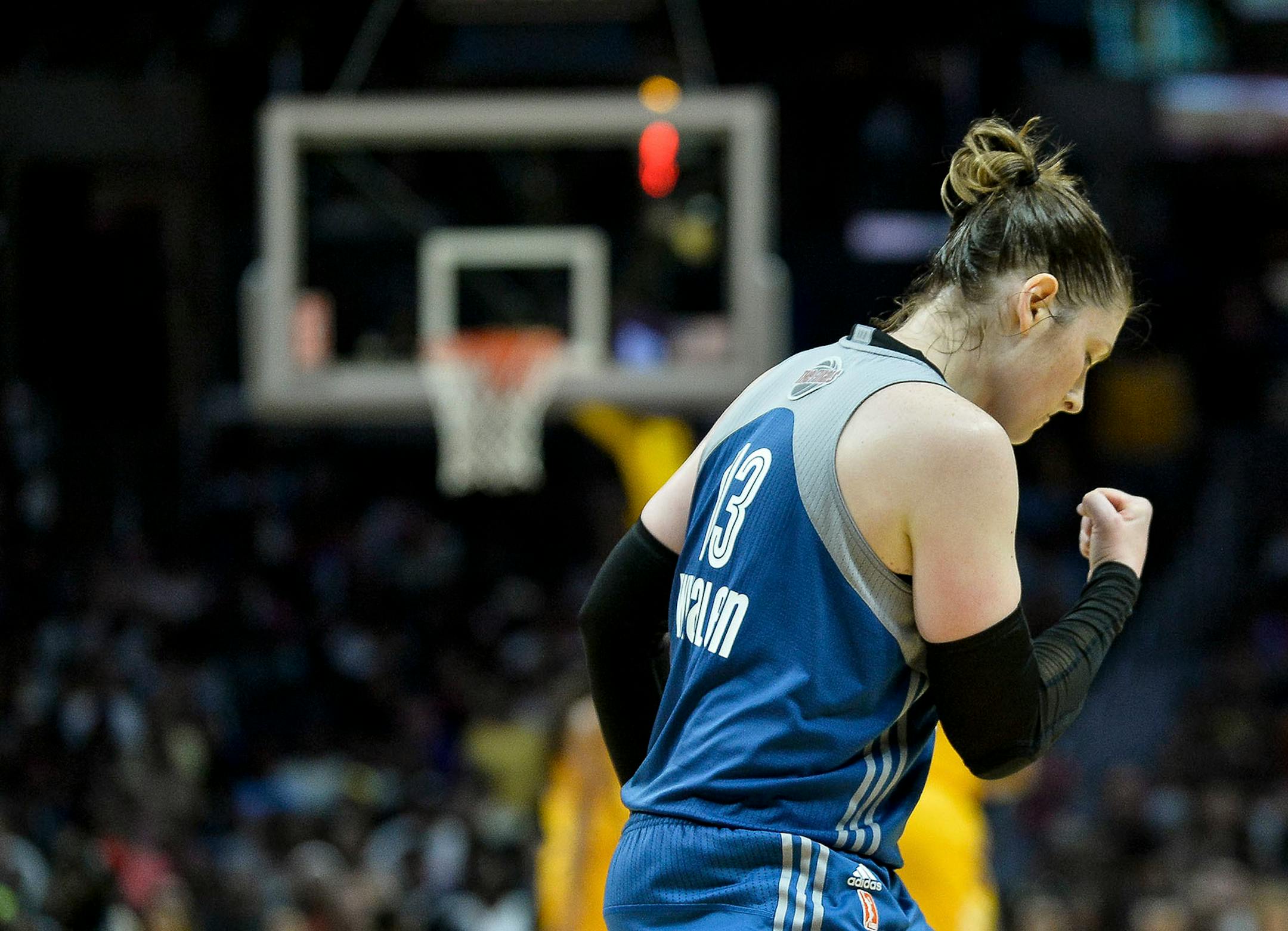 Minnesota Lynx guard Lindsay Whalen (13) was jubilant as the Los Angeles Sparks called a timeout late in the fourth quarter.