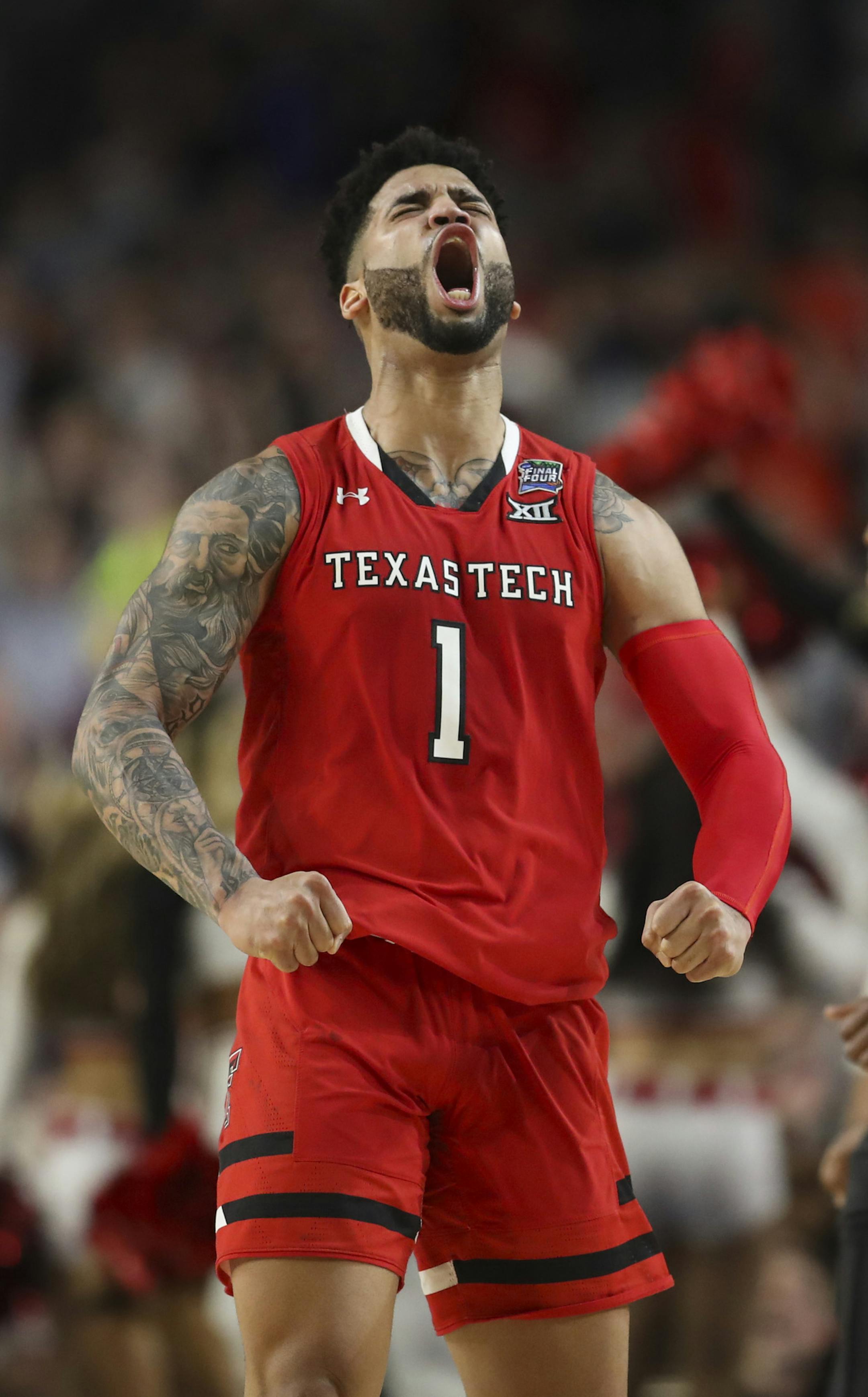 Texas Tech guard Brandone Francis (1) reacted after a play during the second half. ] JERRY HOLT • jerry.holt@startribune.com Texas Tech played Virginia in the final of the NCAA Division I Men's Basketball Championship Final Four on Monday, April 8, 2019 at U.S. Bank Stadium in Minneapolis.