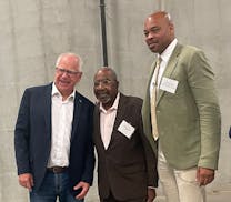 Gov. Tim Walz, Bill English and Devean George at the groundbreaking event for George Modular Systems in Minneapolis on June 18.