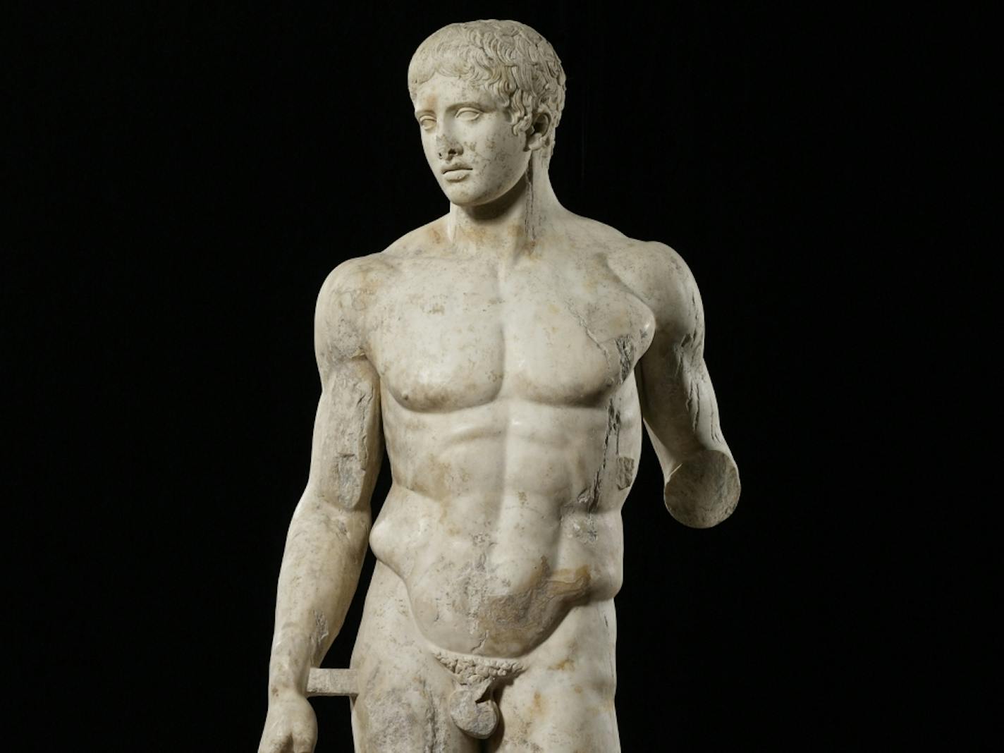 "The Doryphoros" (120-50 B.C.): One of four surviving Roman copies of a bronze sculpture by the legendary Greek artist Polykleitos, this handsome 6½-foot-tall statue represents an idealized athlete who would originally have been holding a spear in his missing left hand. Its name means "spear bearer."