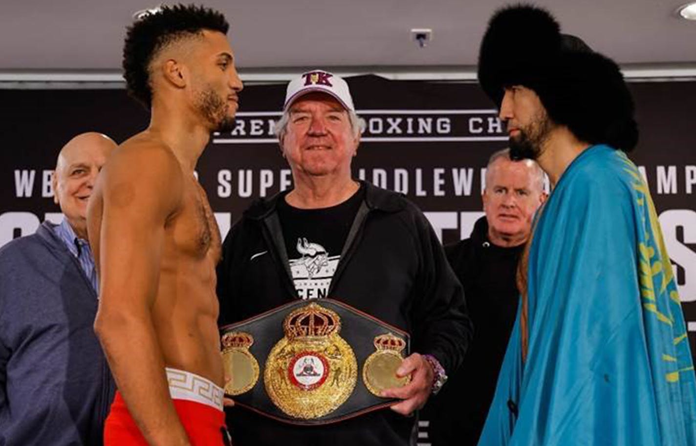 David Morrell Jr., left, will fight Aidos Yerbossynuly on Nov. 5, 2022. Celebrity promoter Tommy Kramer was on hand Friday at the weigh-in. Provided photo.