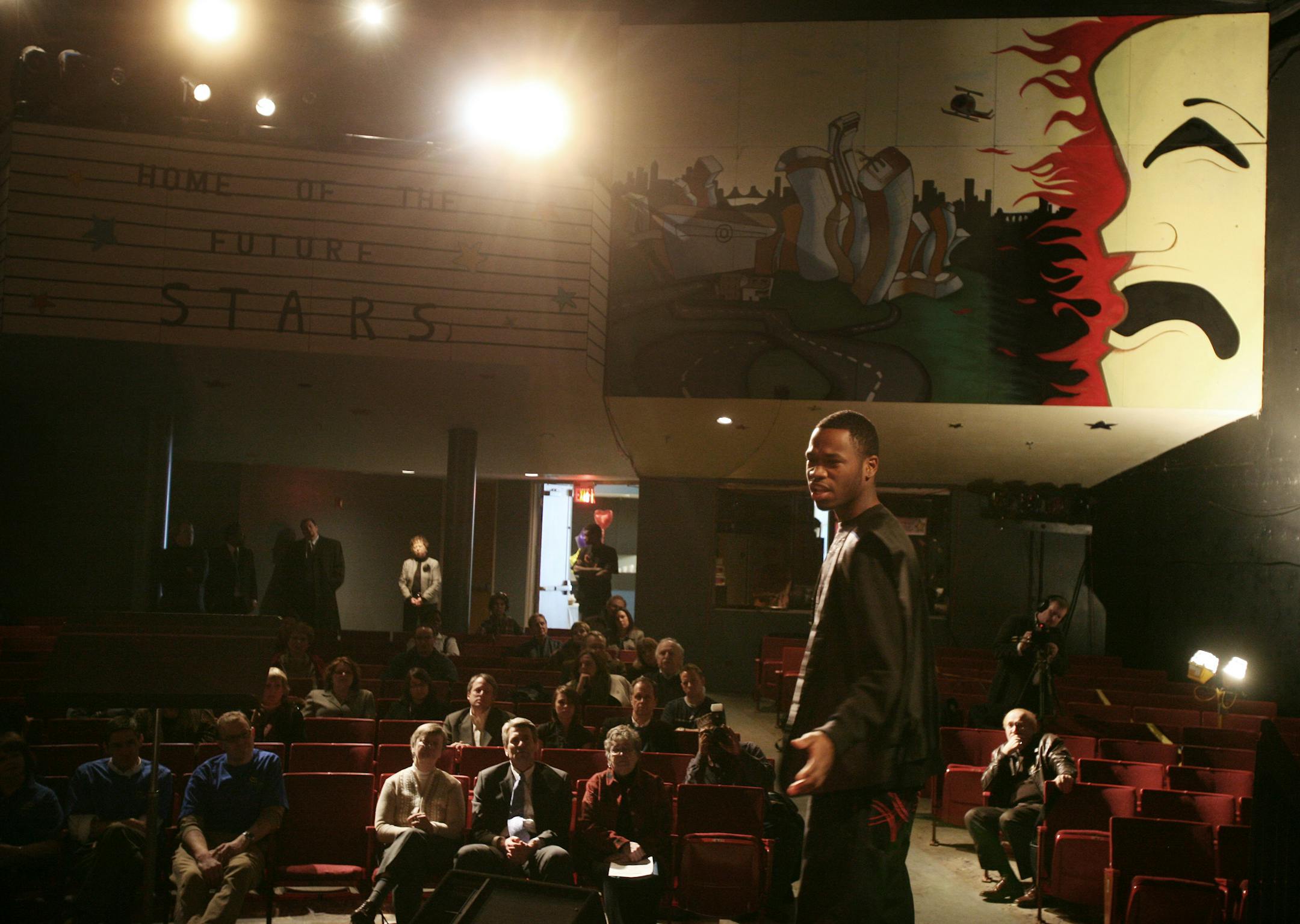 Latrell Beamon 17 an 11th grader at Plymouth Christian Youth Center performed a one-man act Wednesday at the Capri Theater. PCYC executive director Anne Long and Minneapolis mayor R.T. Rybak unveiled plans today for the first phase of upgrades that will be made to the Capri Theater this year, including enhanced sound and lighting in the auditorium.