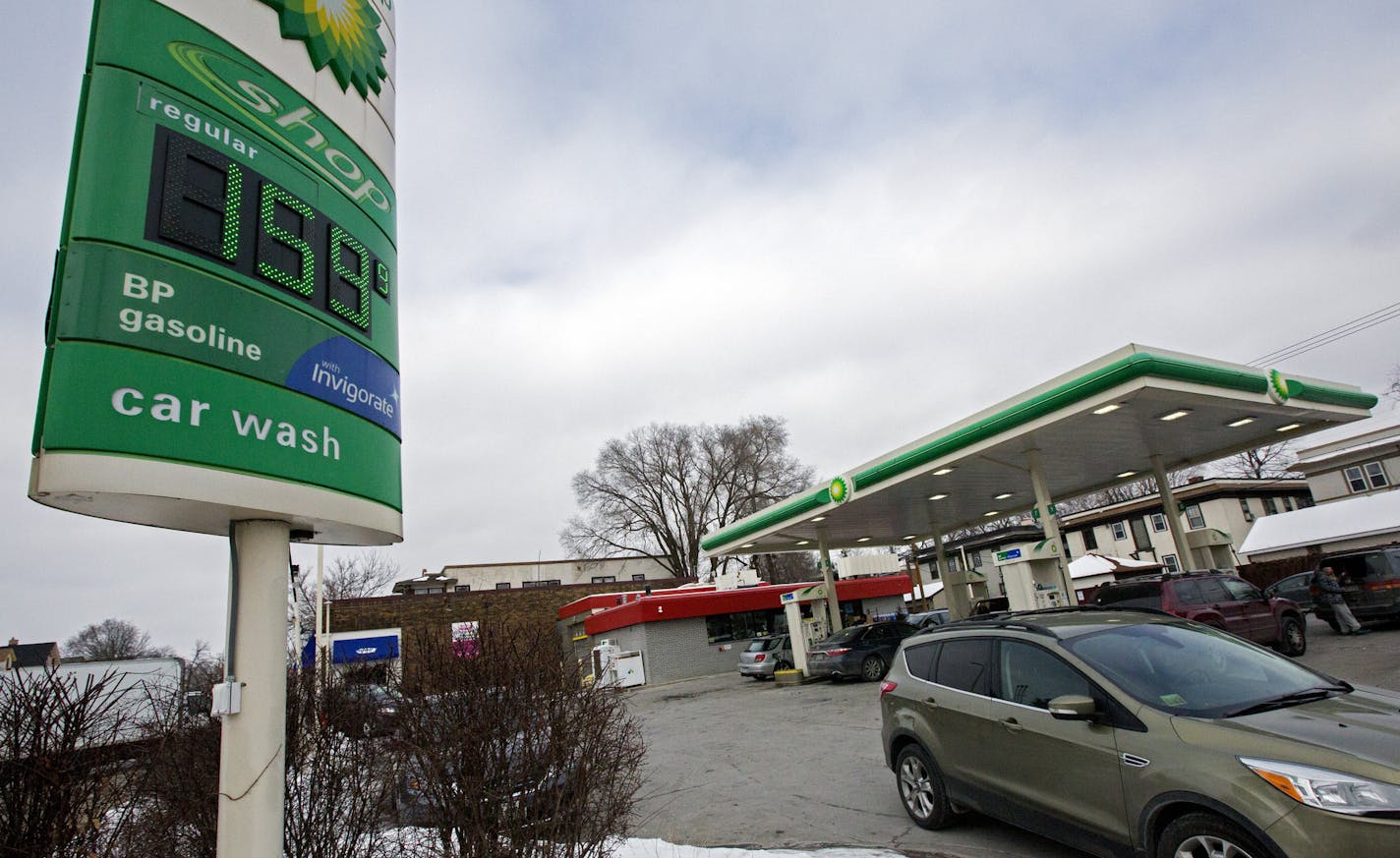 Gas was $1.59 per gallon at a BP station in Minneapolis on Monday. Pump prices have fallen almost daily since Jan. 6.