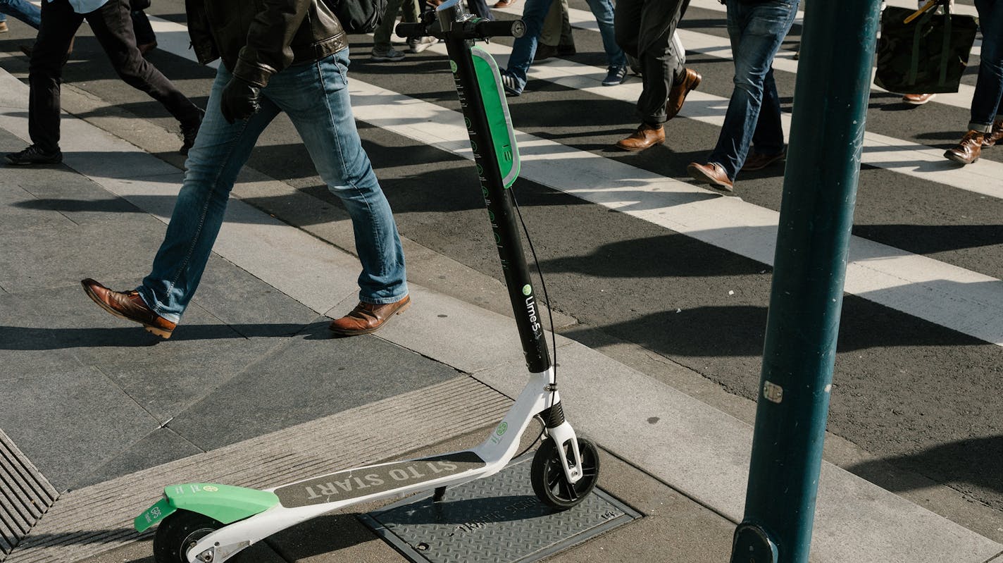 FILE -- A scooter on the sidewalk in downtown San Francisco, April 16, 2018. Doctors and public health workers in San Francisco are preparing to track injuries from electric scooters and the other transportation services blossoming in the city. (Jason Henry/The New York Times)