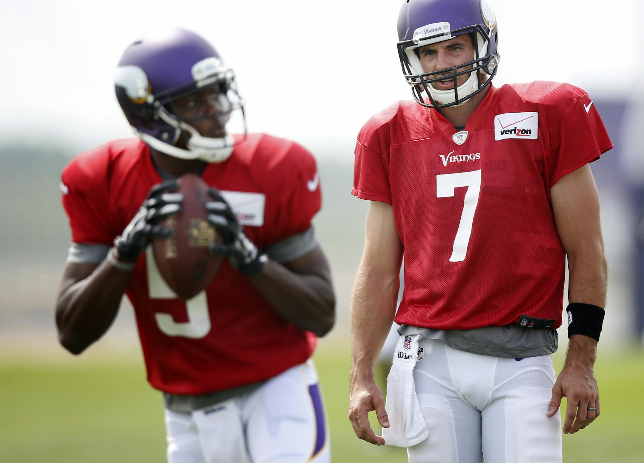 Minnesota Vikings quarterbacks Christian Ponder (7) and Teddy Bridgewater (5) took turns taking reps during the afternoon practice on Tuesday.