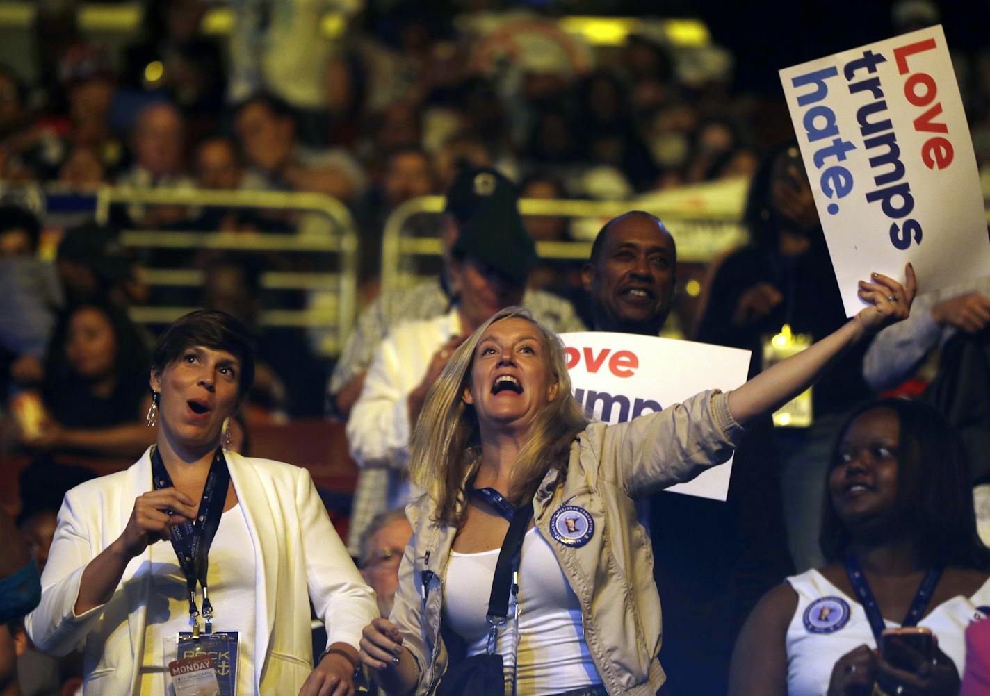 Minnesota delegates danced during the first day of the Democratic National Convention in Philadelphia , Monday, July 25, 2016.