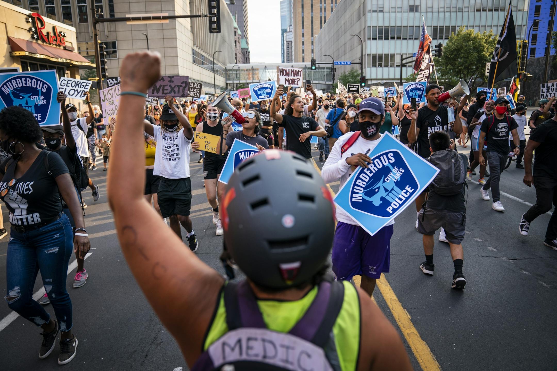 Protesters marched downtown to the Minneapolis Police Department's First Precinct.