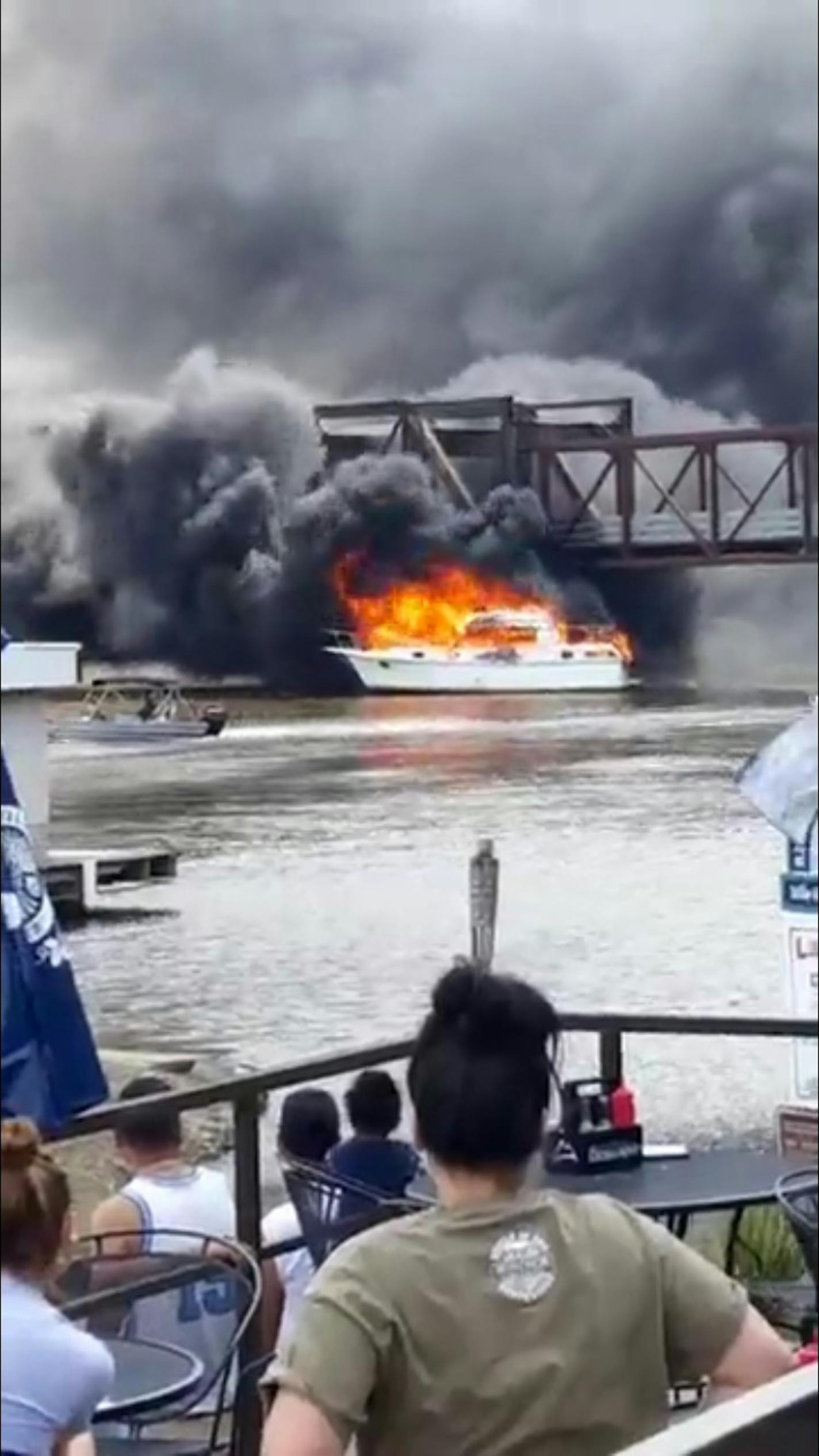 A boat exploded into flames on the Mississippi River in Inver Grove Heights on May 28, 2017.