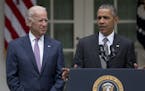 President Barack Obama, joined by Vice President Joe Biden, speaks in the Rose Garden of the White House, Thursday, June 25, 2015, in Washington, abou