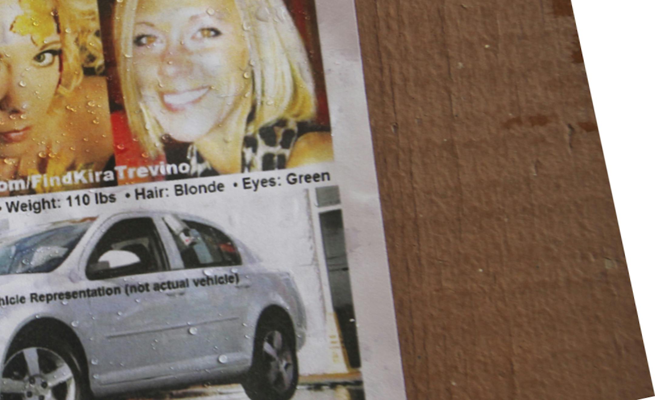 Raindrops soak a poster for missing St. Paul woman Kira Trevino on a picnic table in Spring Lake Reserve, along the Mississippi River Saturday, March 9, 2013 in Rosemount, MN, where a search for Trevino's body took place.] (DAVID JOLES/STARTRIBUNE) djoles@startribune.com Volunteers searched the Spring Lake Reserve Saturday, March 9, 2013, in Rosemount, near the Mississippi River for the body of Kira Trevino, the St. Paul woman who went missing on Feb.24. Jeffery Trevino, 39, was charged with sec