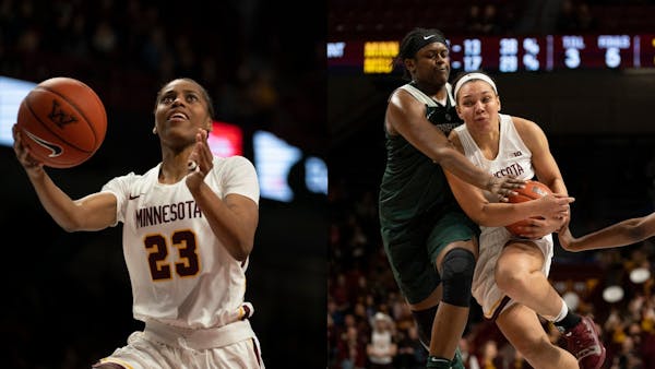 Gophers guard Kenisha Bell (23) and Destiny Pitts helped Minnesota into the WNIT second round.
