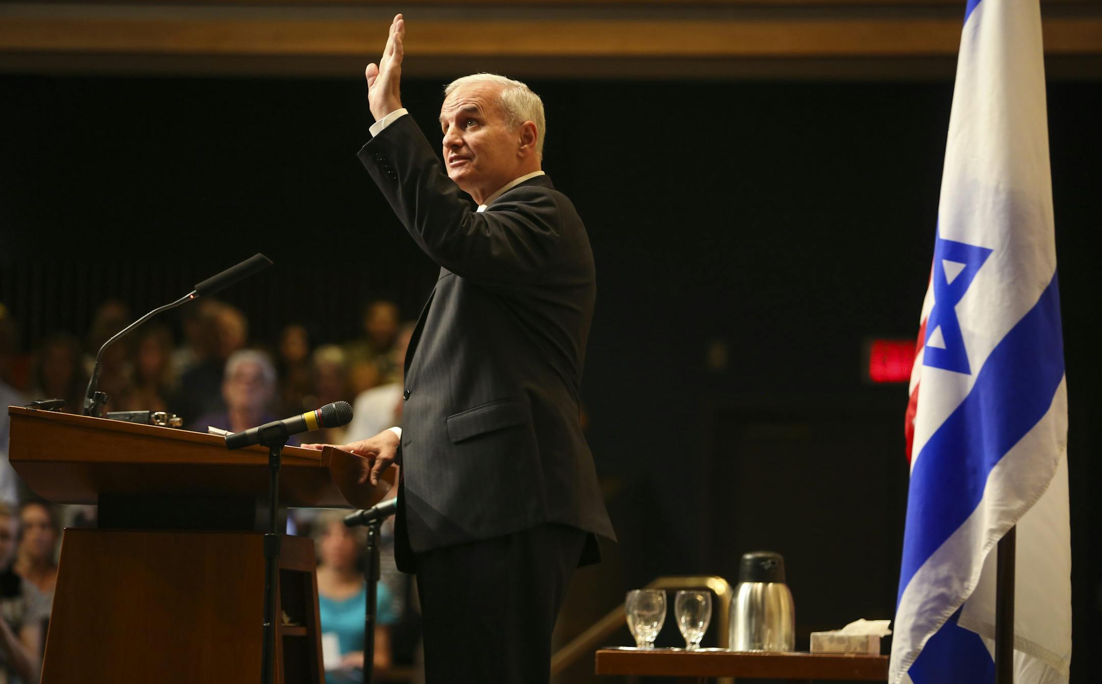 Gov. Mark Dayton drew an audience of 1,400 people during a gathering of support for Israel at Adath Jeshurun Congregation in Minnetonka on Thursday.