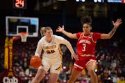 Gophers guard Grace Grocholski (25) drove around Maryland guard Lavender Briggs during the first quarter of a game Jan. 3 at Williams Arena.