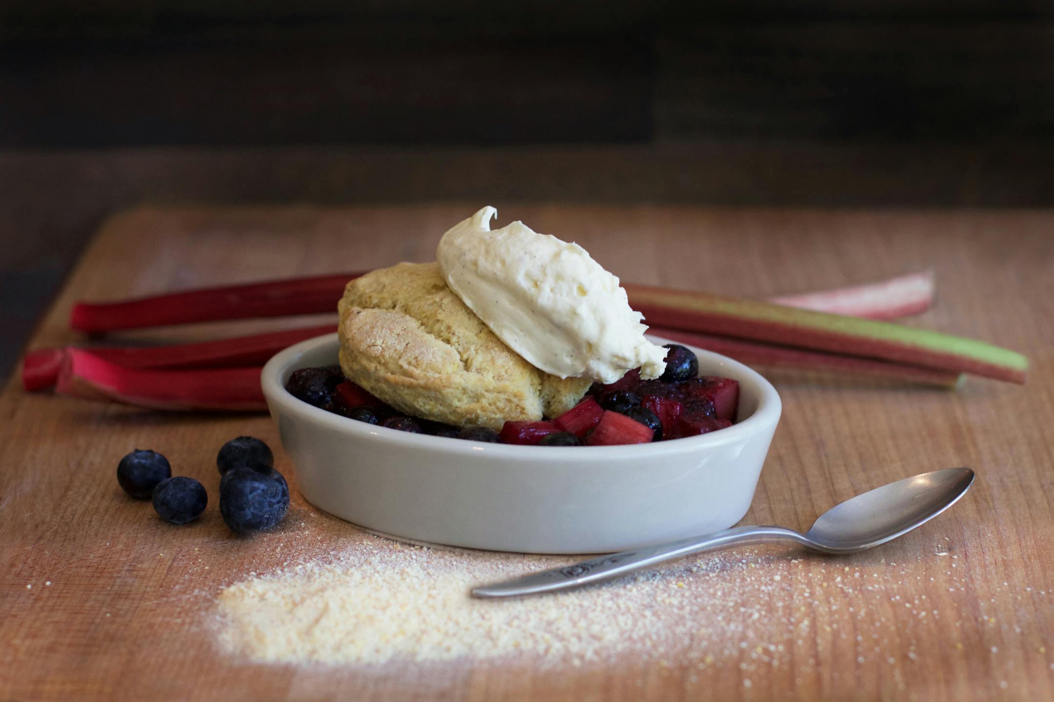 Blueberry Rhubarb Cobbler: A blend of organic blueberries and rhubarb topped with a cornmeal biscuit and whipped cream. At Farmers Union Coffee Shop, located on the north side of Dan Patch Avenue between Cooper & Cosgrove streets.
