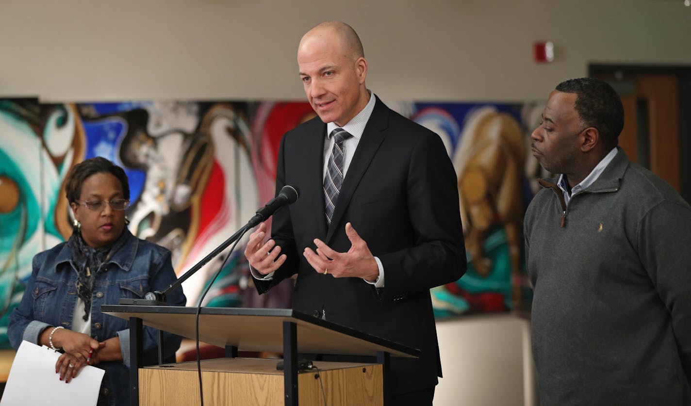 Saint Paul Public Schools Superintendent Joe Gothard, center, seen answering questions ahead of a possible teachers strike.