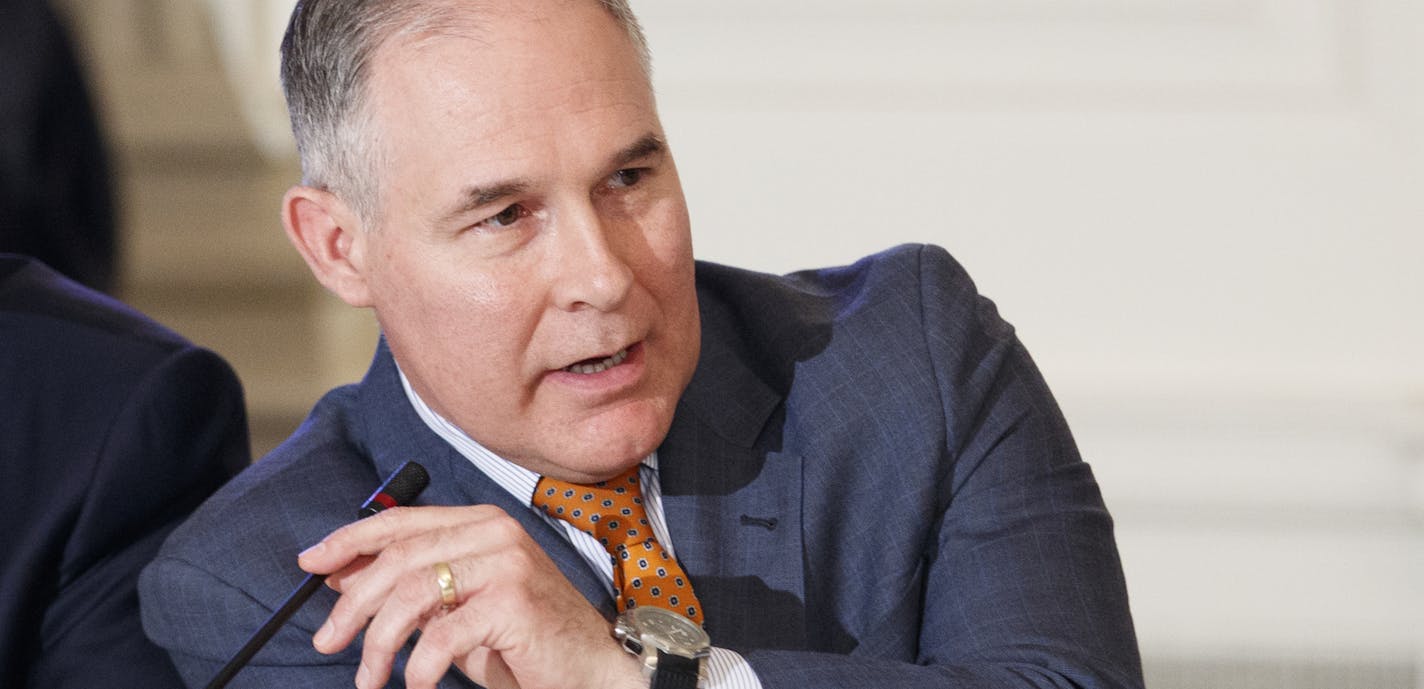 FILE &#xf3; Scott Pruitt, head of the Environmental Protection Agency, speaks at a meeting in the White House in Washington, Feb. 12, 2018. The Environmental Protection Agency violated the law when it installed a soundproof phone booth for Pruitt, at a cost of roughly $43,000, a congressional watchdog agency ruled on April 16. (Tom Brenner/The New York Times)