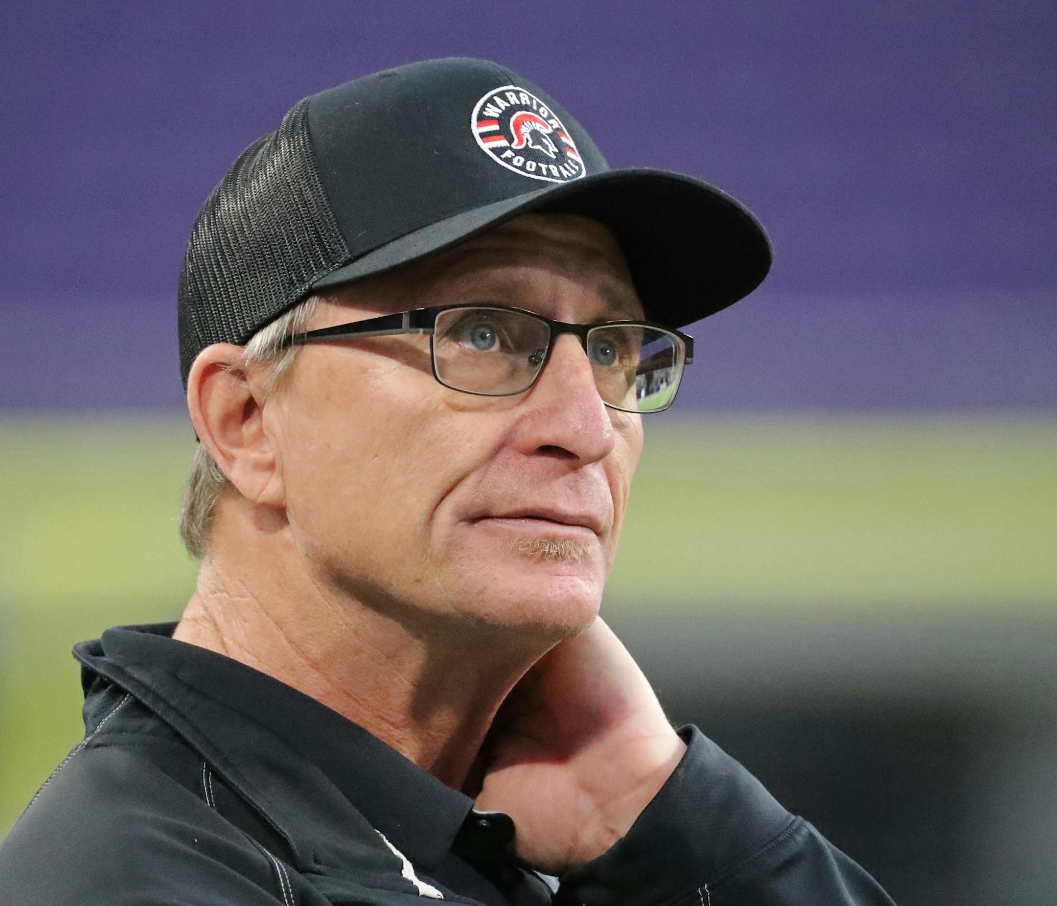 BOLD head coach Steve Solem looked at the clock during the fourth quarter. ] Shari L. Gross &#xef; shari.gross@startribune.com Mahnomen/Waubun defeated BOLD 22-21 with the help of a two-point conversion in the fourth quarter in the class 1A championship game inside U.S. Bank Stadium on Saturday, Nov. 23, 2018