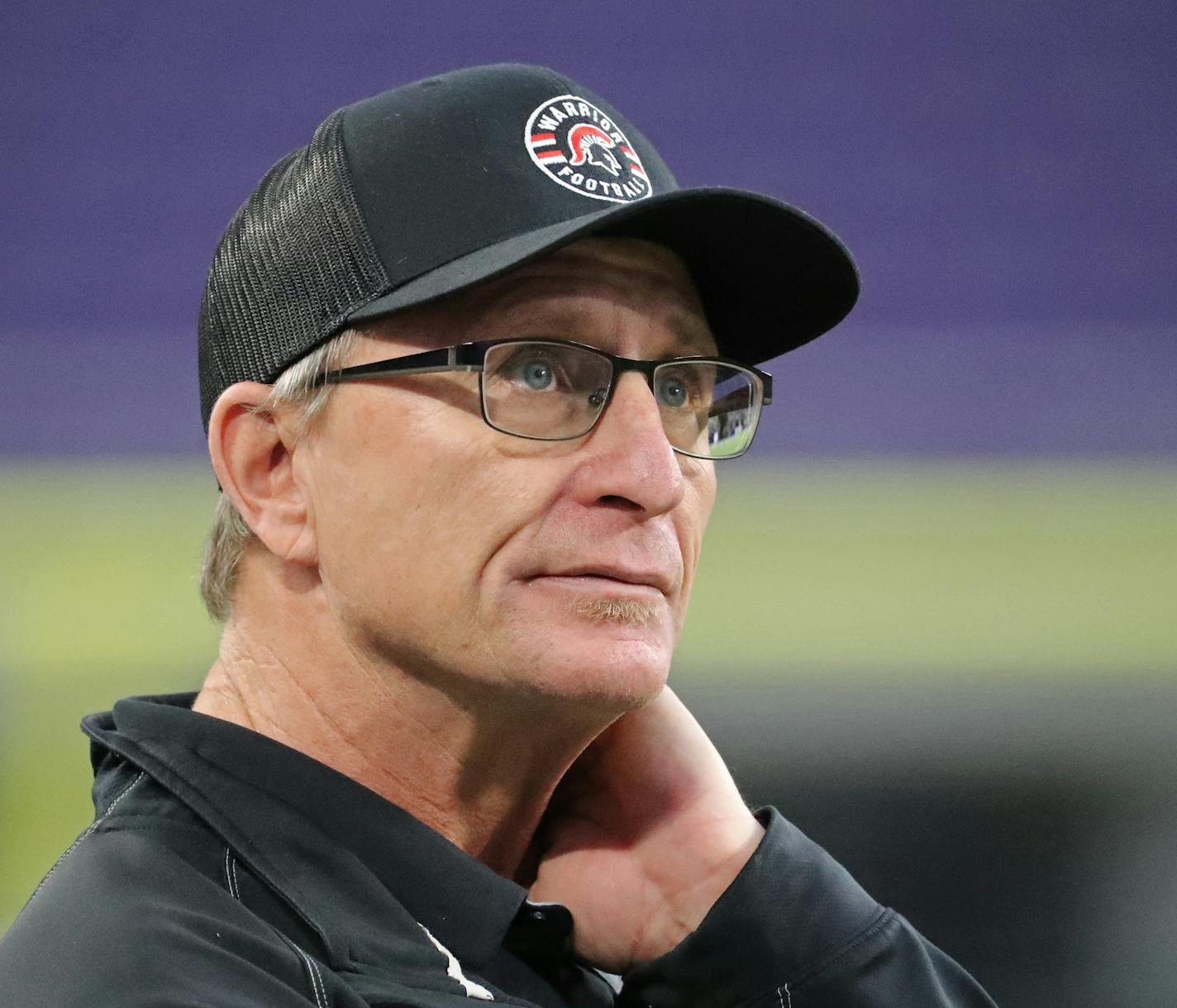 BOLD head coach Steve Solem looked at the clock during the fourth quarter. ] Shari L. Gross &#xef; shari.gross@startribune.com Mahnomen/Waubun defeated BOLD 22-21 with the help of a two-point conversion in the fourth quarter in the class 1A championship game inside U.S. Bank Stadium on Saturday, Nov. 23, 2018