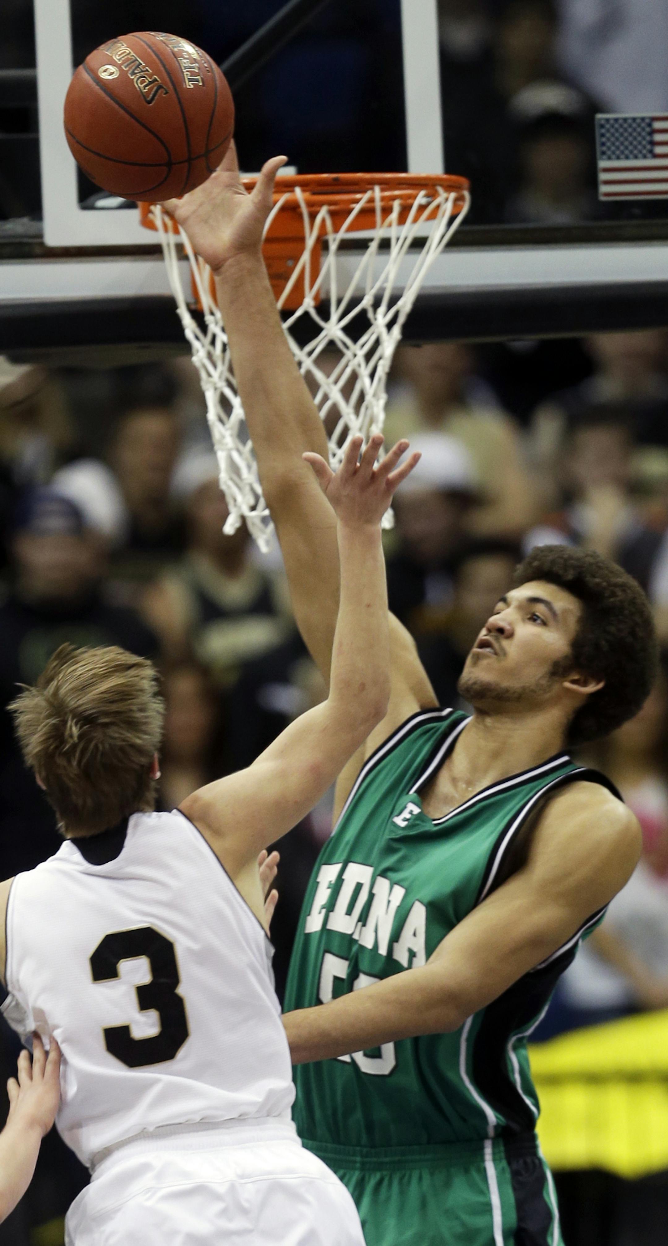 At the Target Center, in a AAAA quarterfinals game between Edina and Andover, Ryan Johnson(3) got his shot blocked by Reggie Lynch(50) of Edina.]rtsong-taatarii@startribune.com