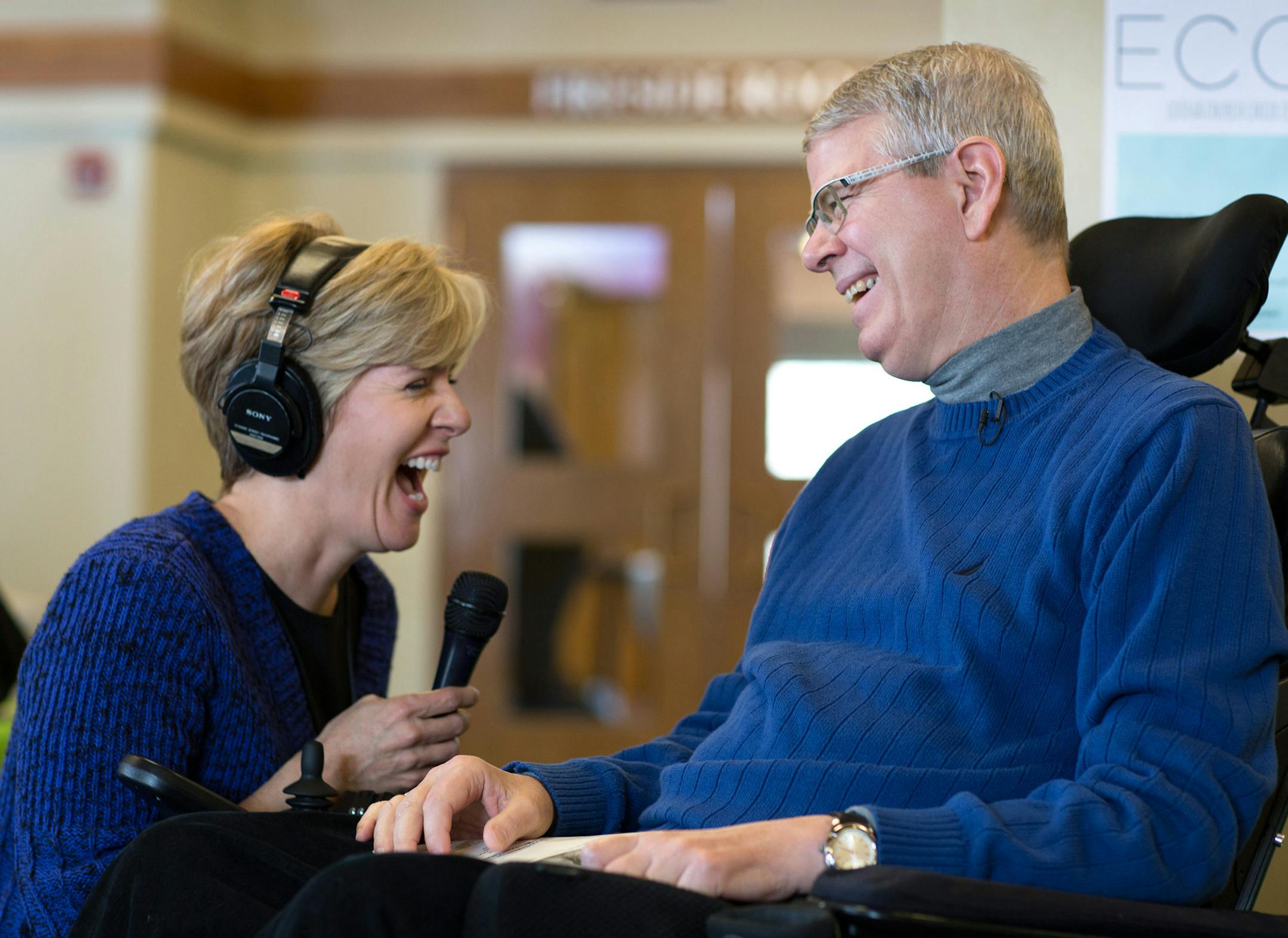 Cathy Wurzer interviews Bruce Kramer after a worship service Sunday, Feb. 17, 2013 at Good Samaritan United Methodist Church in Edina.