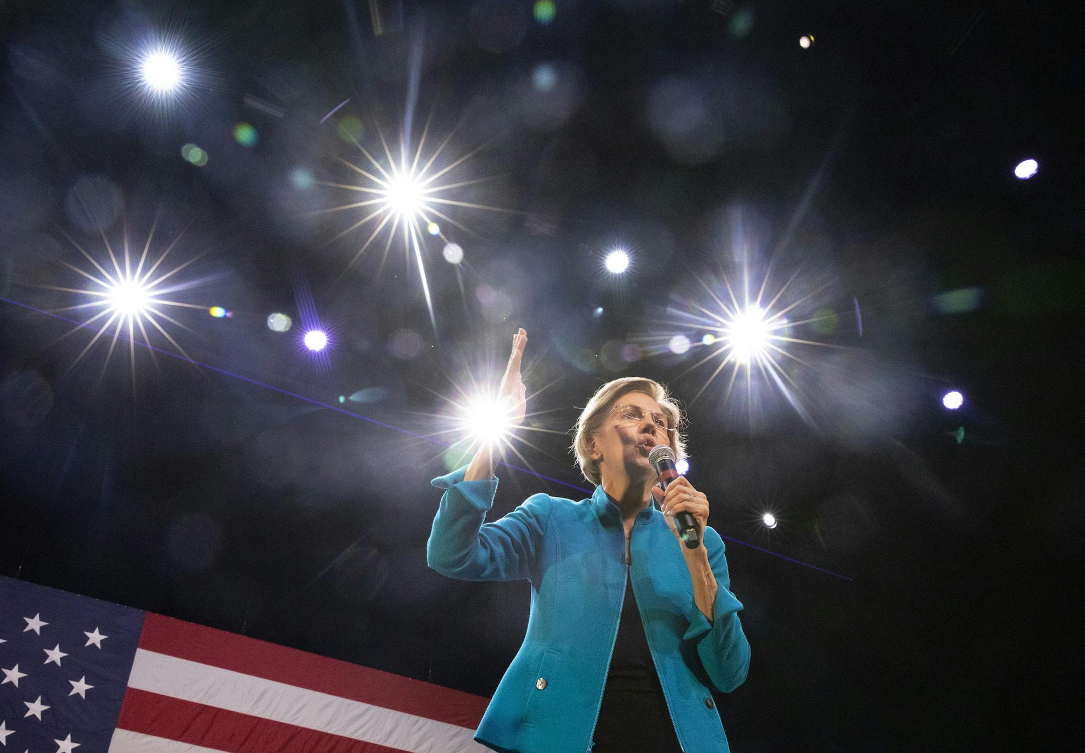 Sen. Elizabeth Warren (D-Mass.), a Democratic candidate for president, addresses a rally at Kings Theatre in Brooklyn on Tuesday, Jan. 7, 2020. (Calla Kessler/The New York Times)