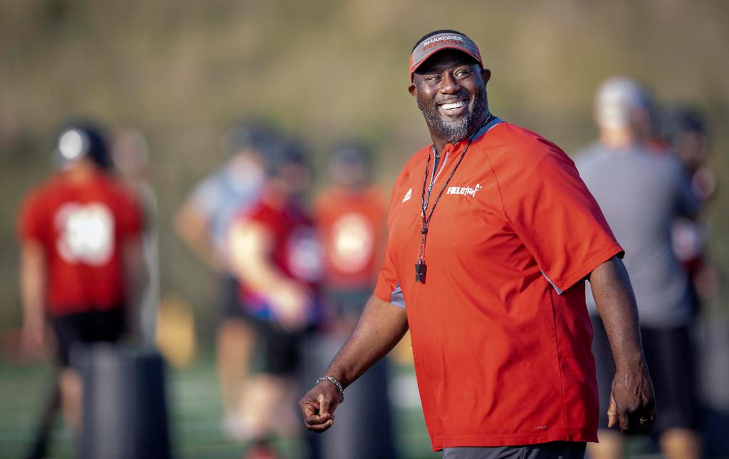 Shakopee High School football Coach Ray Betton led his team through practice, Monday, August 23, 2021 in Shakopee, MN. ] ELIZABETH FLORES • liz.flores@startribune.com