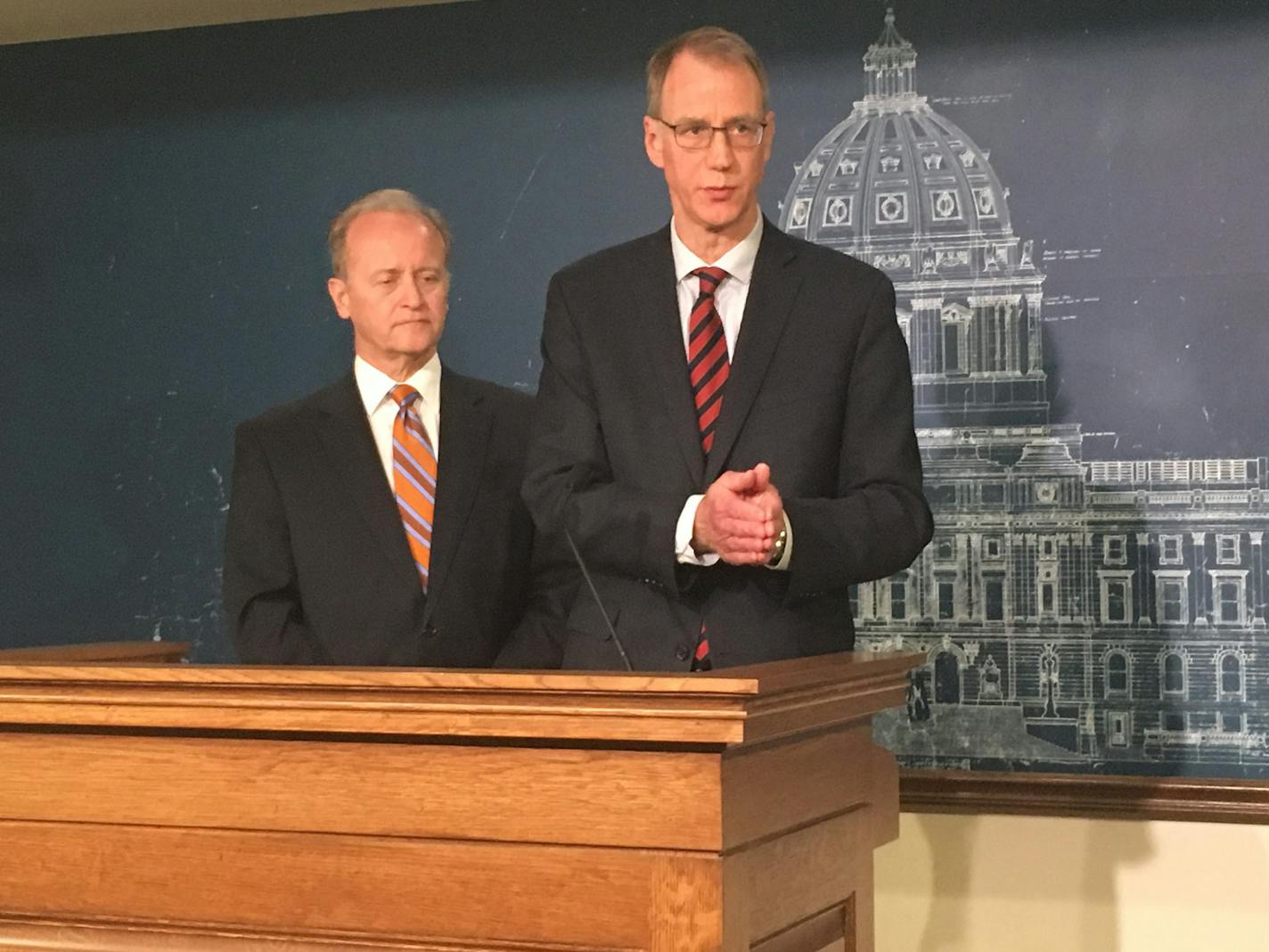 Acting Human Services Commissioner Chuck Johnson (right) and Sen. Warren Limmer, R-Maple Grove, discussed a bill that would make it more difficult for sex offenders and people committed as mentally ill and dangerous to be released into the community without supervision.