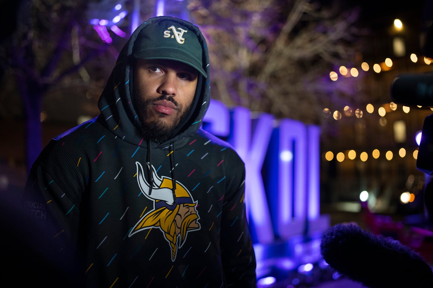 Anthony Barr spoke to the media after he was presented with a crystal trophy from the Vikings to commemorate his being named the team's Walter Payton Man of the Year Monday night, Dec. 6, 2021 in Minneapolis. Linebacker Anthony Barr will be the Minnesota Vikings nominee for the Walter Payton Man of the Year award. On Monday, Dec. 6, 2021 night, he with his mother's Raise the Barr Foundation hosted a holiday party for the residents of the Jeremiah Program, a Minneapolis charity he supports that assists single mothers and their children. ] JEFF WHEELER • Jeff.Wheeler@startribune.com