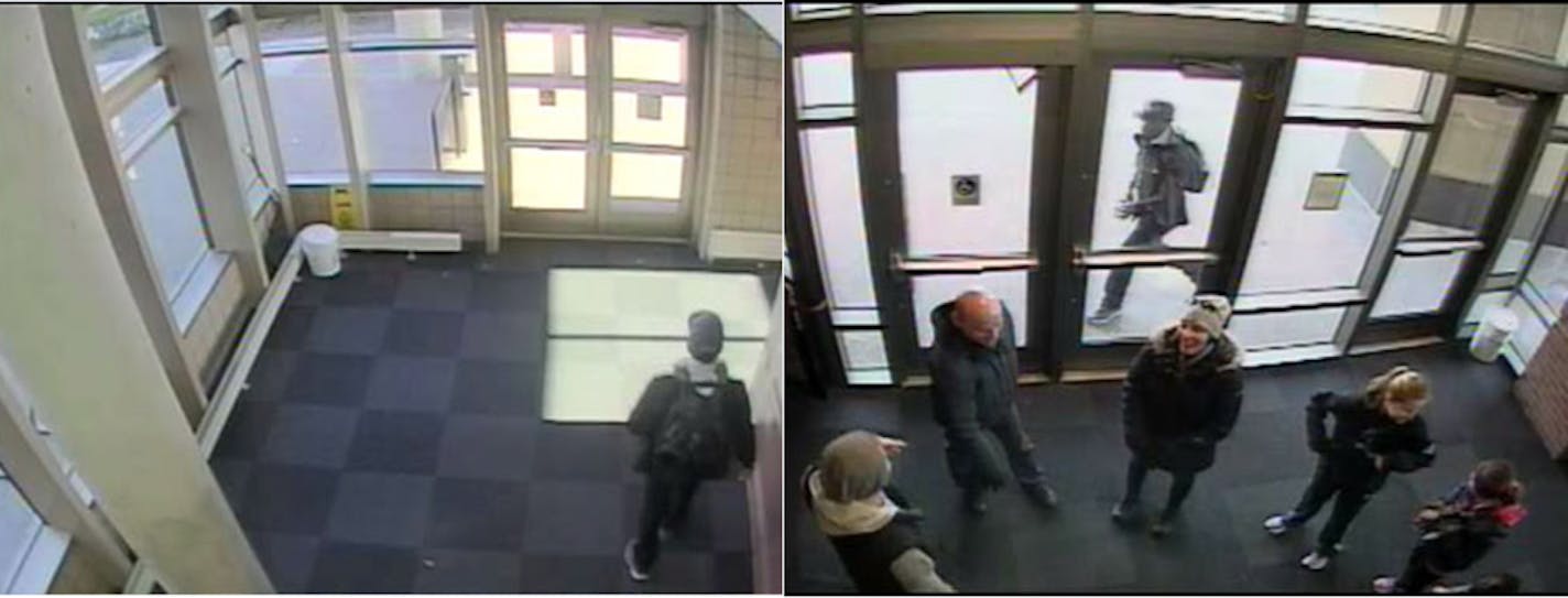 These University of Minnesota surveillance images show the suspect in a Nov. 21 robbery at the Carlson School of Management. On the right, he is the man walking on the other side of the doors.