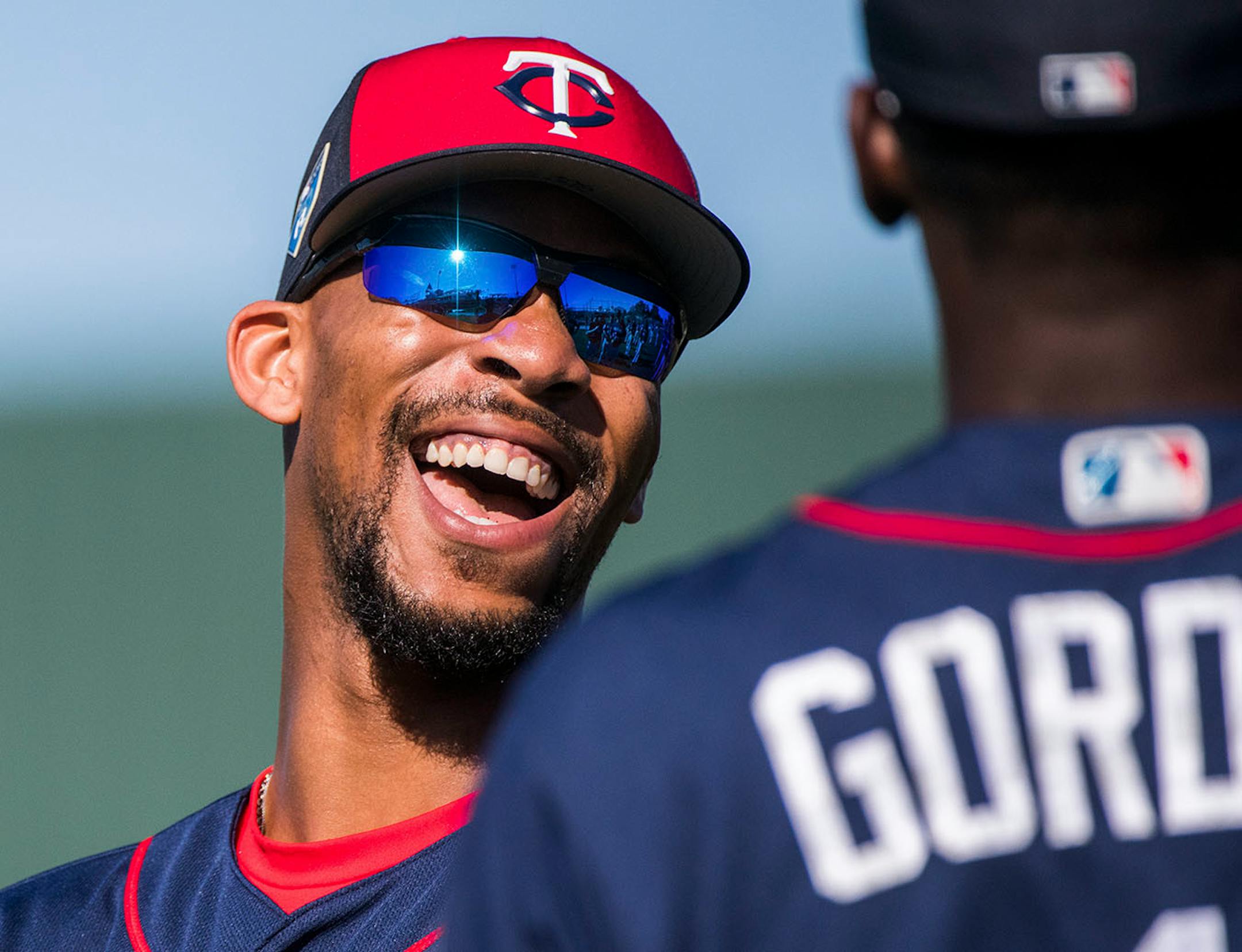 Twins outfielder Byron Buxton (25) talked with Twins infielder Nick Gordon (1) before workouts.