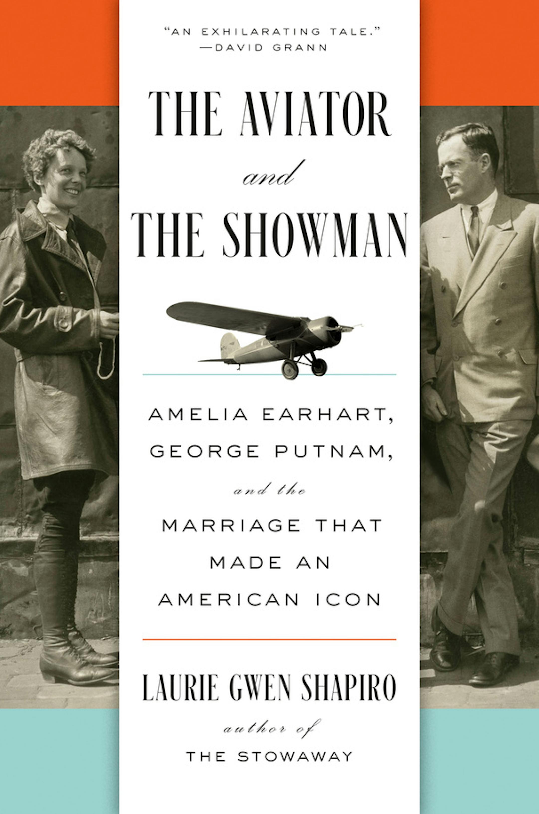cover of The Aviator and the Showman features black and white photos of Amelia Earhart and George Putnam, as well as  a small photo of Earhart's plane