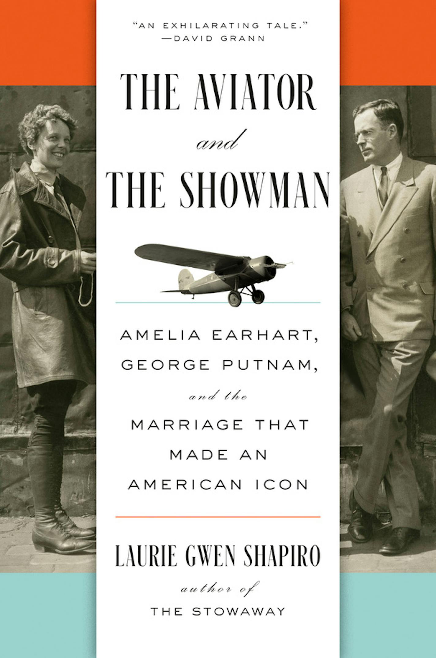 cover of The Aviator and the Showman features black and white photos of Amelia Earhart and George Putnam, as well as  a small photo of Earhart's plane