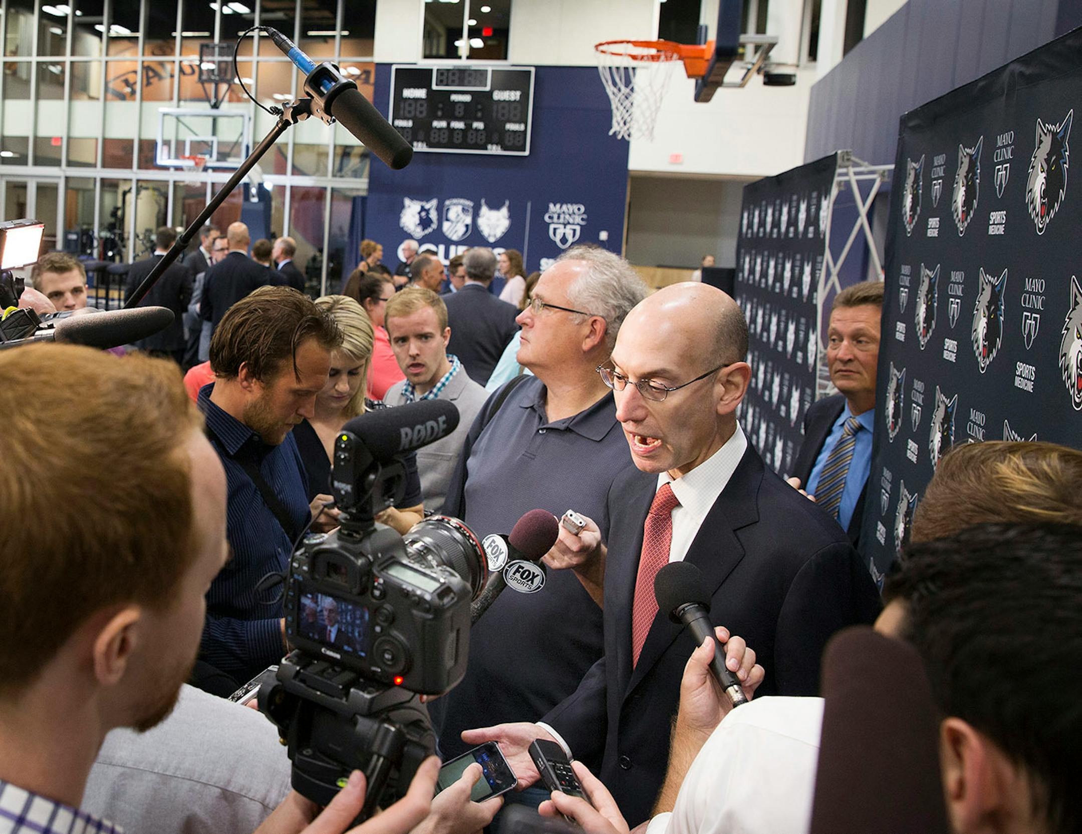 NBA Commissioner Adam Silver talks with the media during the grand opening event at the Timberwolves and Lynx Courts at Mayo Clinic Square in downtown Minneapolis on Wednesday, June 17, 2015. The Minnesota Timberwolves held a grand opening for their shiny new downtown practice facility on Wednesday, hoping that it can help end a decade of futility in the NBA.The Wolves partnered with the Mayo Clinic to build the $25 million facility just across the street from Target Center. It was paid for enti