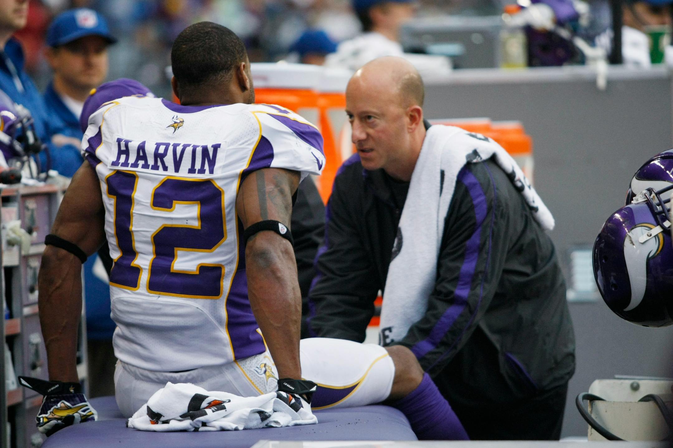 Vikings receiver Percy Harvin played through injuries against Seattle, but his status for Sunday's Lions game is in doubt. He was on crutches at Winter Park on Monday.