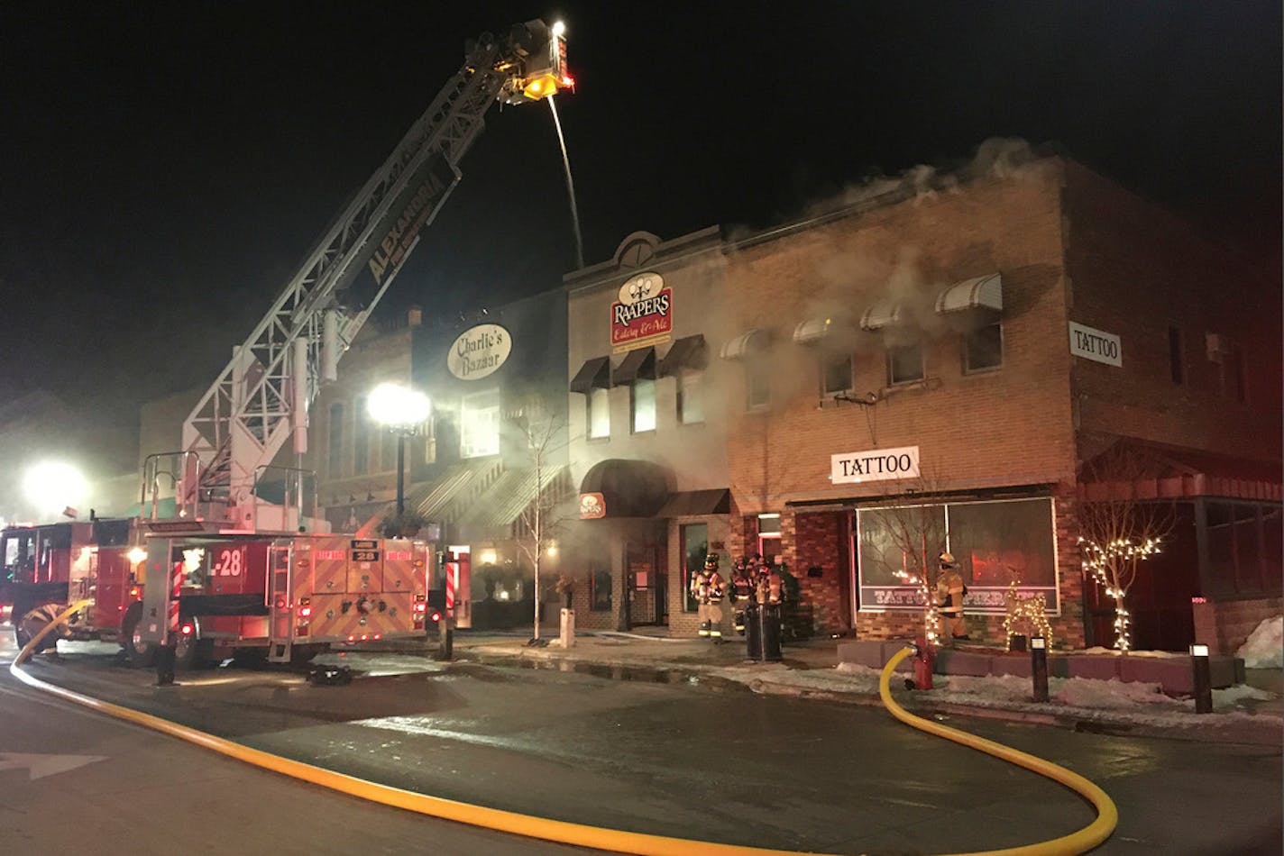 Firefighters fought a fire Tuesday, Feb. 25, 2020 that destroyed several buildings in downtown Alexandria.