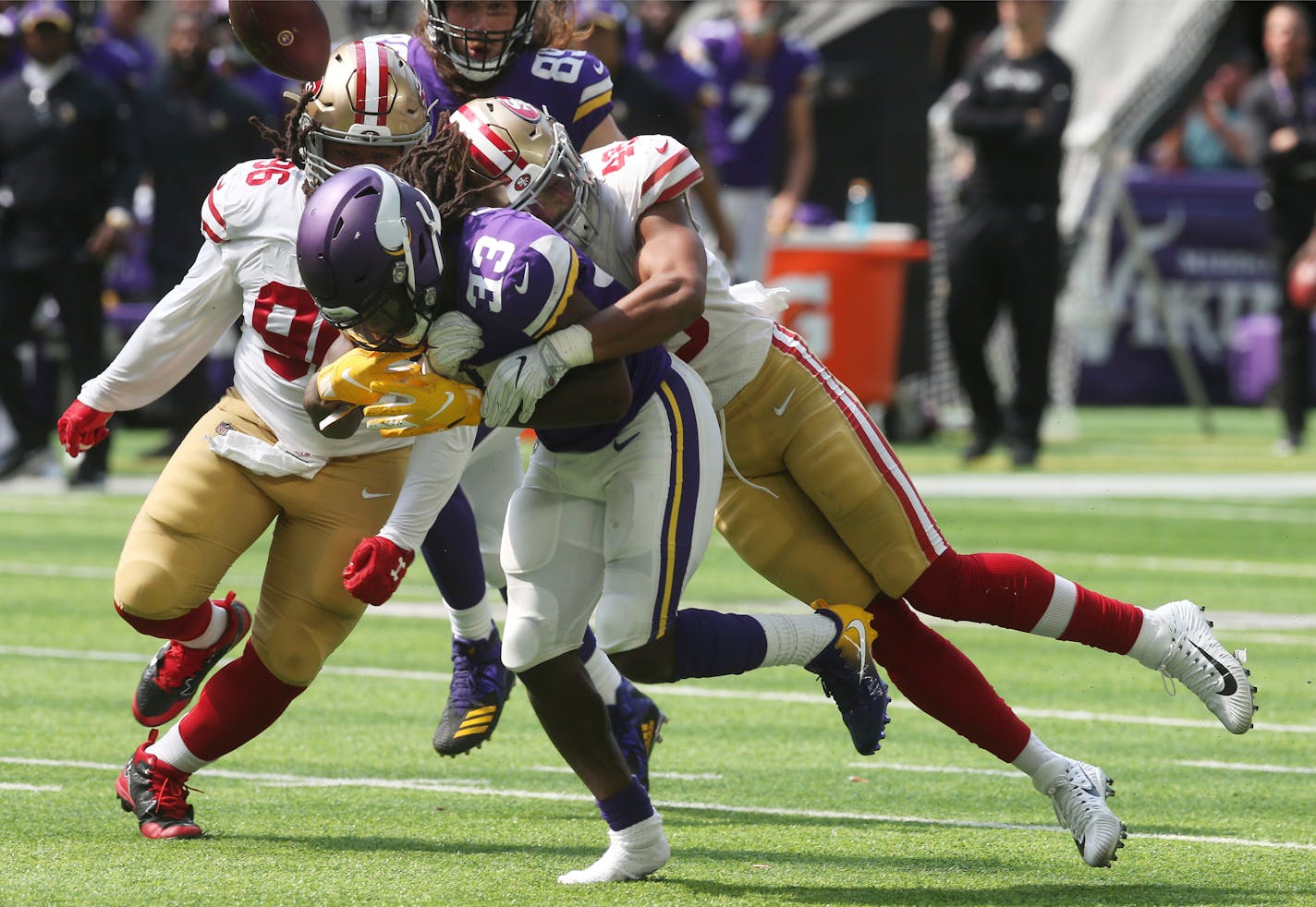 Vikings running back Dalvin Cook has been hampered by a hamstring injury. He has lost yardage on six of his 36 carries — and he's the team's leading rusher with 98 yards.