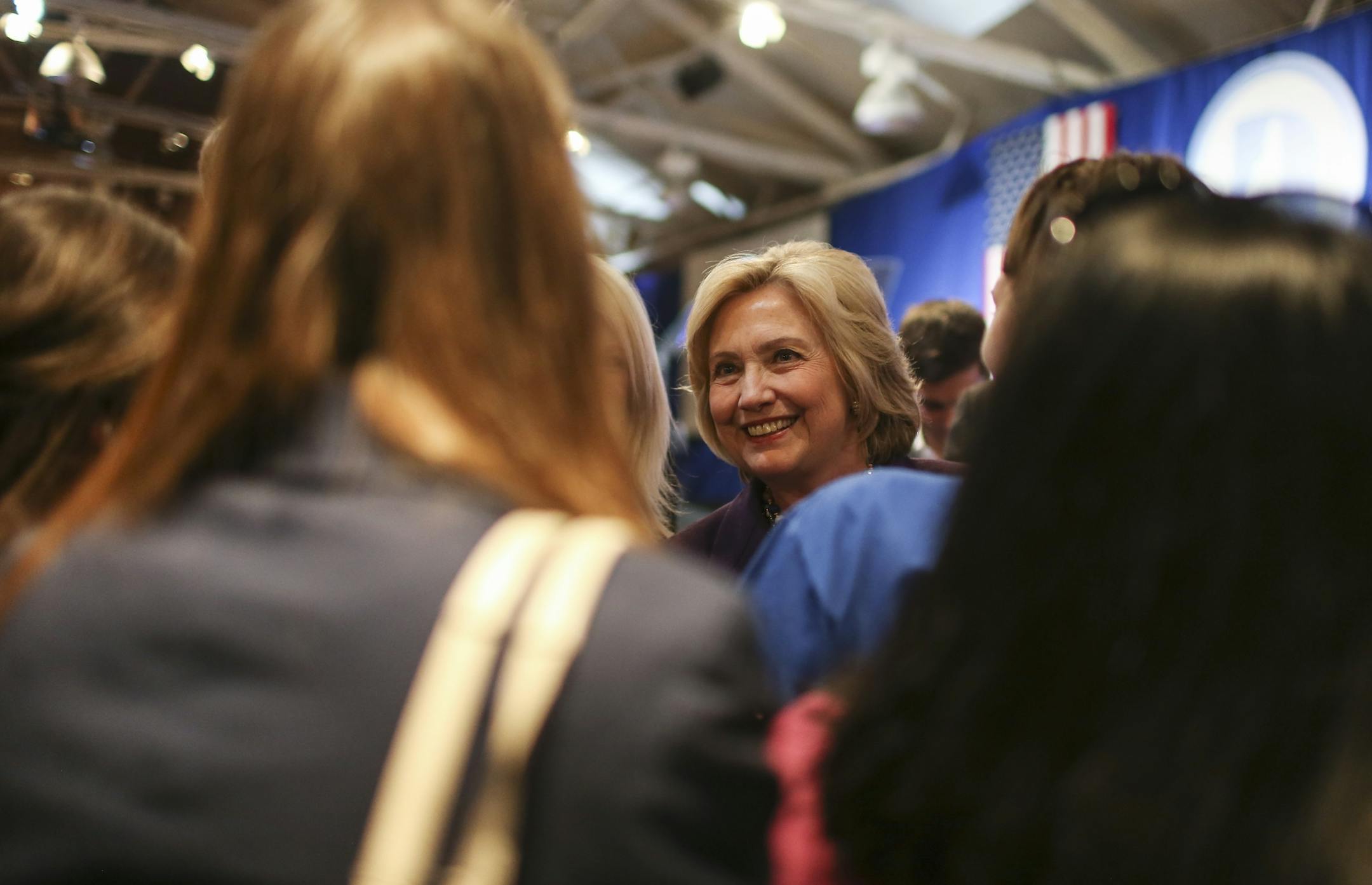 Democratic presidential candidate Hillary Clinton greets supporters after speaking at the New Hampshire Democrats party's annual dinner in Manchester, N.H., Sunday, Nov. 29, 2015. (AP Photo/Cheryl Senter)