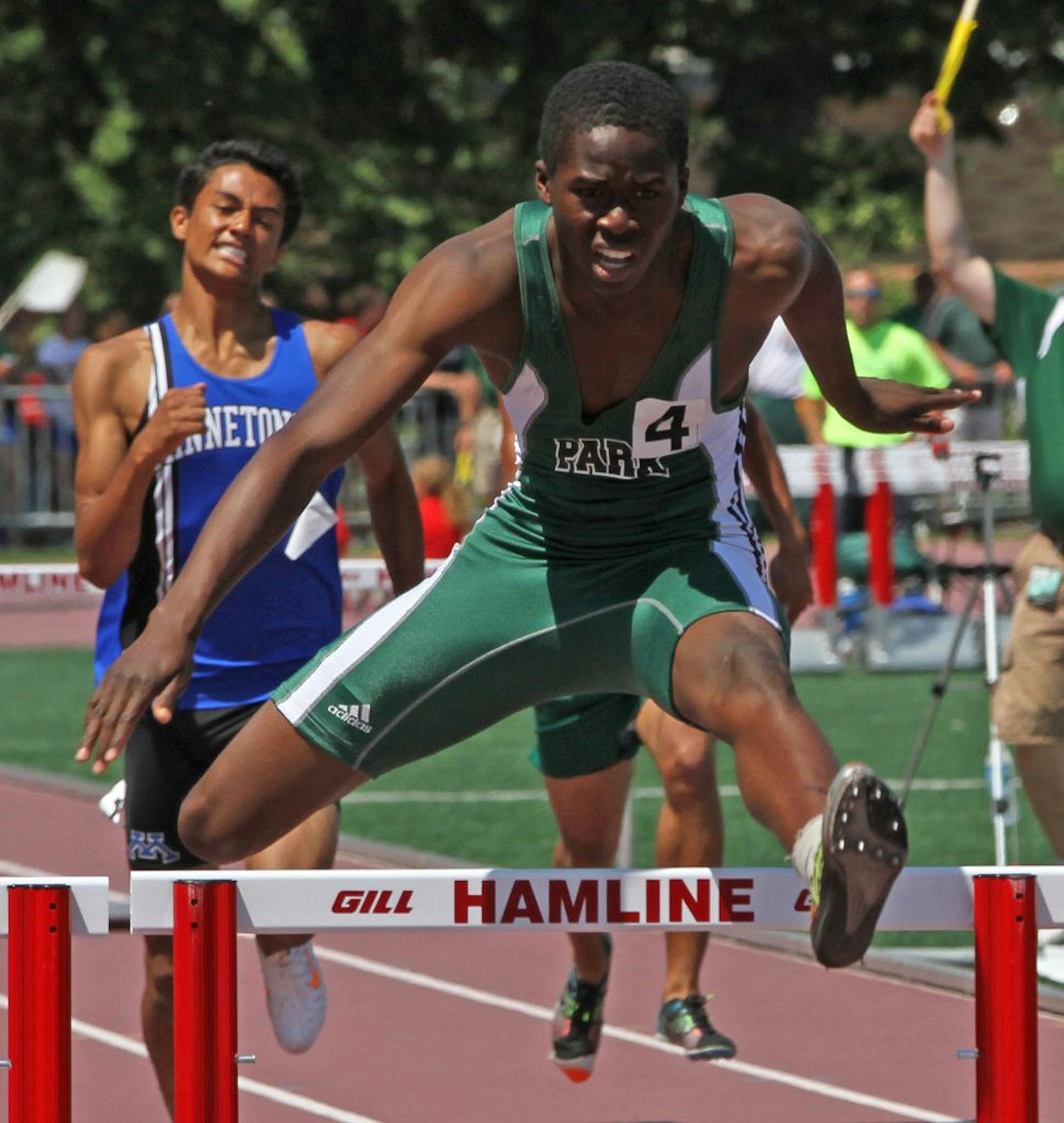 R.J. Alowonle of Park of Cottage Grove took first place in the 300-meter hurdles, one of four titles (110 hurdles, 4x100 relay, triple jump) he won this weekend.