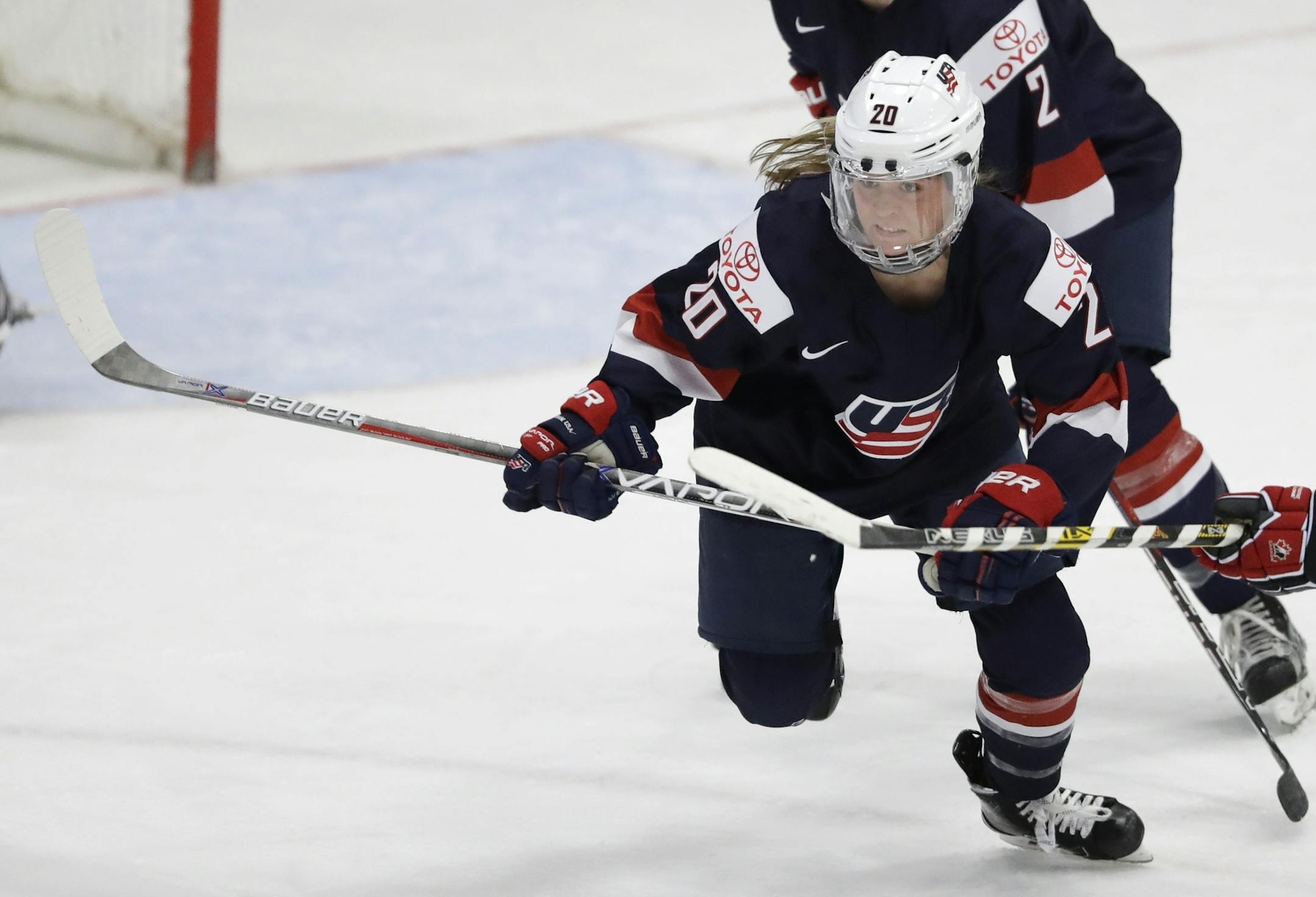 United States forward Hannah Brandt skates during the second period of the gold-medal game of the women's world hockey championships, Friday, April 7, 2017, in Plymouth, Mich. (AP Photo/Carlos Osorio)