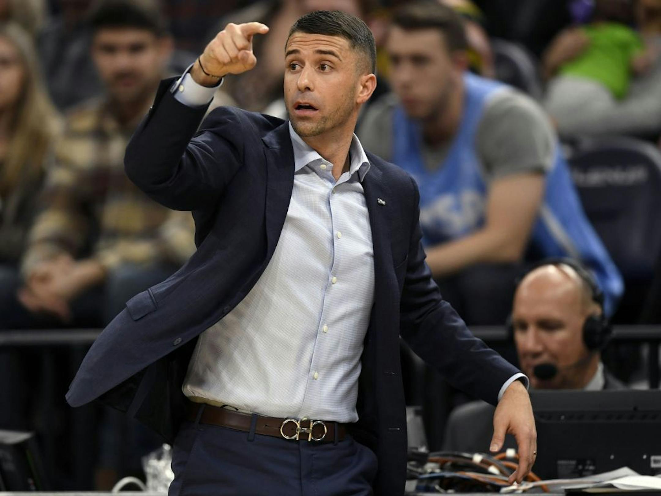 Minnesota Timberwolves coach Ryan Saunders watches his team play the Phoenix Suns during the fourth quarter of an NBA basketball game Saturday, Nov. 23, 2019, in Minneapolis. The Suns won 100-98. (AP Photo/Hannah Foslien) ORG XMIT: MER2a3f140eb4d04ab2ee8010e81e310