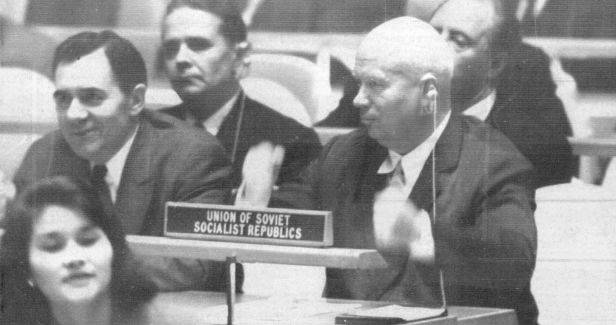 September 11, 1971 HE WAS OUT OF ORDER--Former Soviet Premier Nikita S. Khrushchev pounded on his desk during speech by U.N. Secretary General Dag Hammarskjold before the General Assembly in New York on Oct. 3, 1960. He had challenged Hammarskjold to resign and the secretary, in a fighting speech, refused to do so. Seated at left is Soviet Foreign Minister Andre Gromyko. Khrushchev was reported to have died Saturday. September 12, 1971 Minneapolis Star Tribune; AP Wirephoto