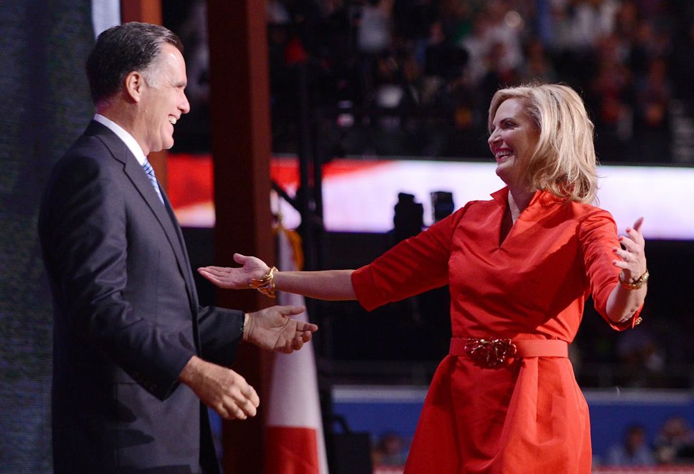 Ann Romney greets her husband, Republican presidential nominee Mitt Romney after speaking at the second day of the Republican National Convention in Tampa, Florida, Tuesday, August 28, 2012.